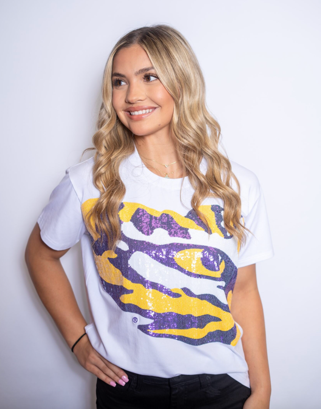 LSU Tiger Eye (LICENSED) | Women's Sequin Design Tee (White)