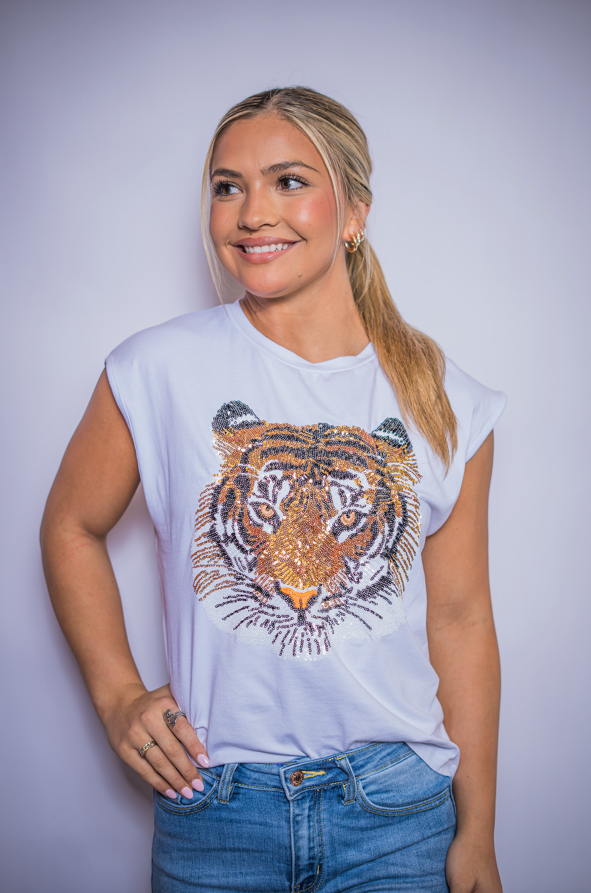 Geauxlden Tank | Women's Sequin Design Tank (White)
