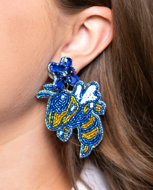Hornets | Custom Beaded & Jeweled Earrings (Blue/Gold)