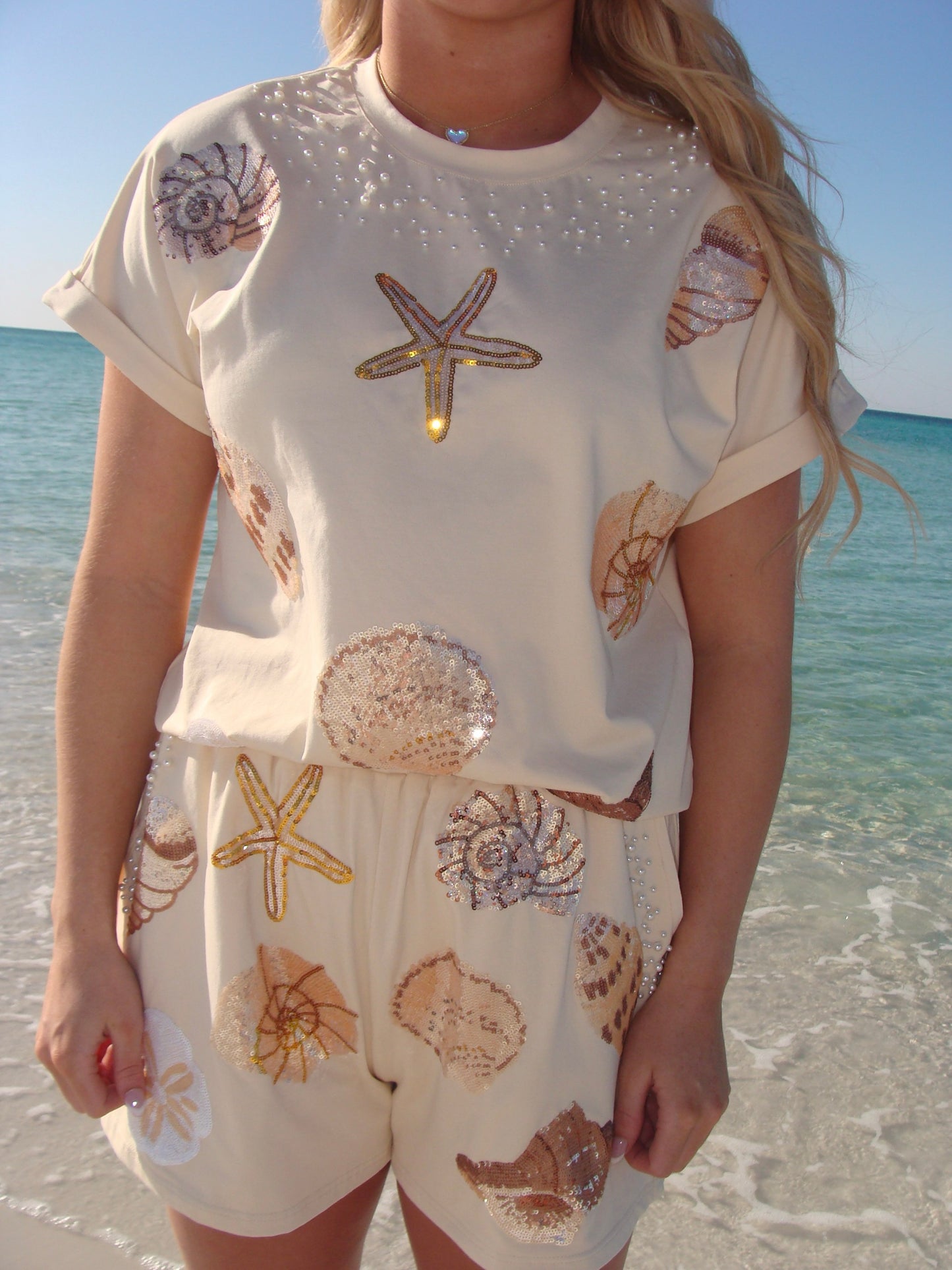 Seashells | Women's Sequin & Pearl 2 Piece Set (Cream)
