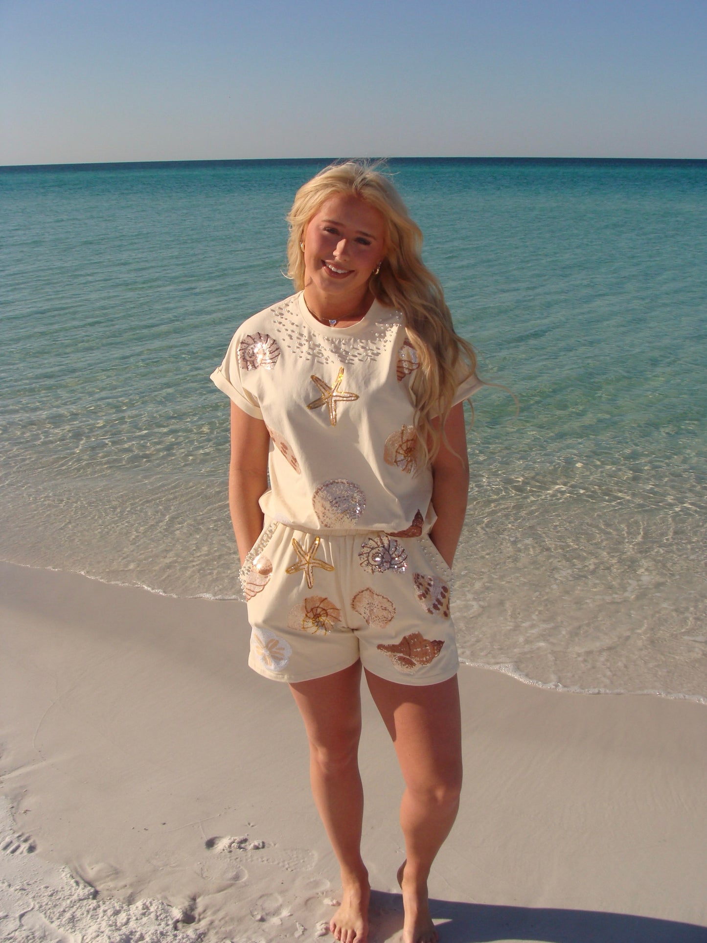 Seashells | Women's Sequin & Pearl 2 Piece Set (Cream)