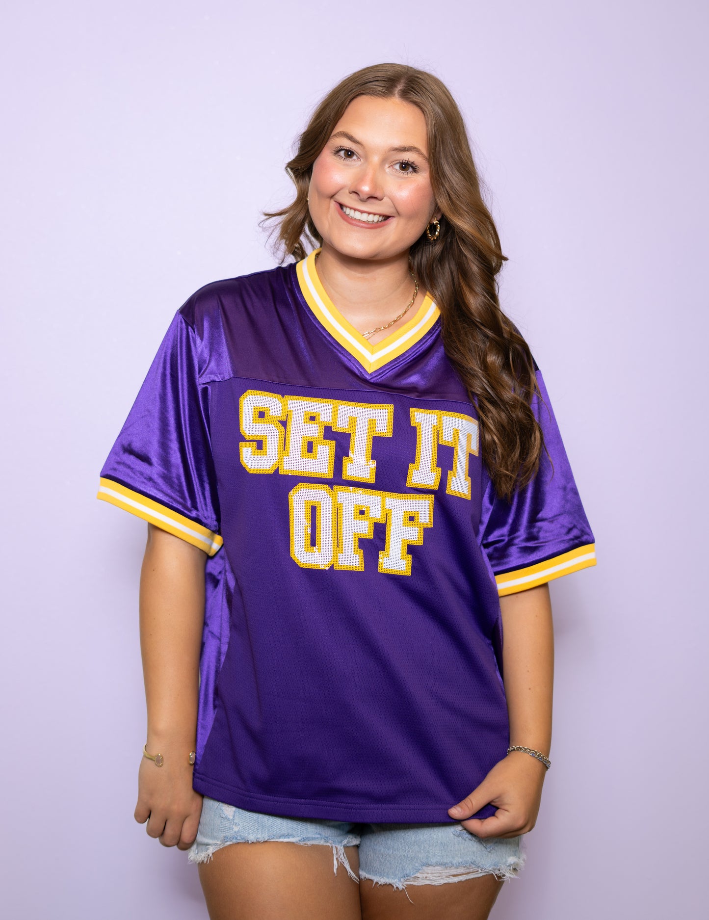 Wholesale | Set It Off | Women's Sequin Design Football Jersey (Purple)