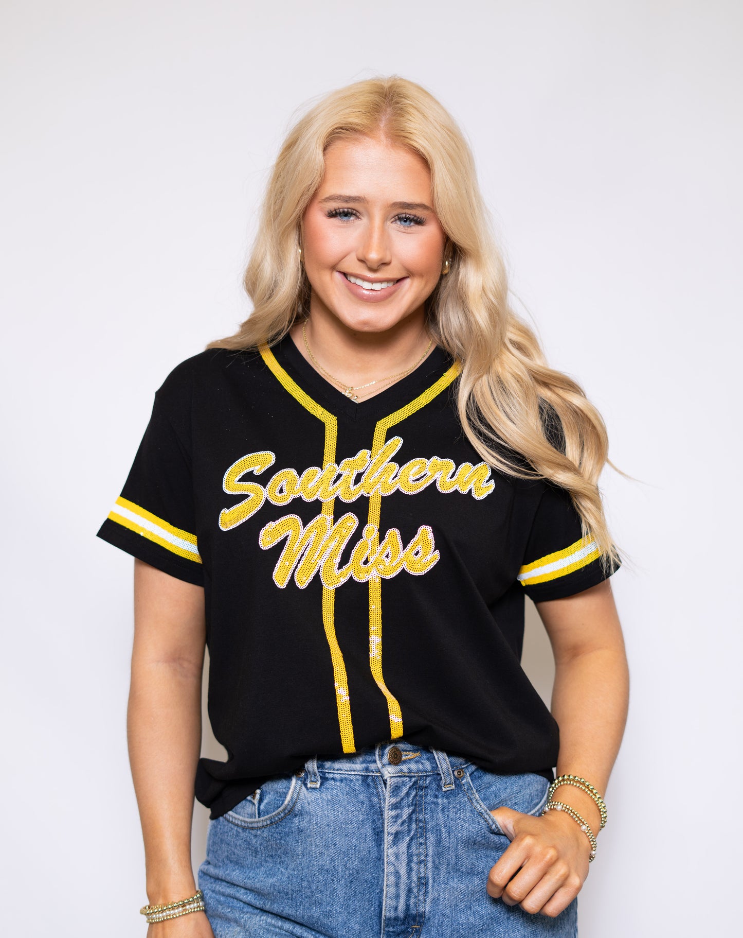 Southern Miss (LICENSED) | Women's Sequin Design Baseball Jersey V-Neck Tee (Black)