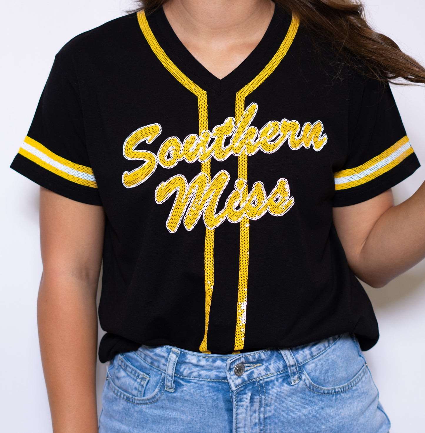 Southern Miss (LICENSED) | Women's Sequin Design Baseball Jersey V-Neck Tee (Black)