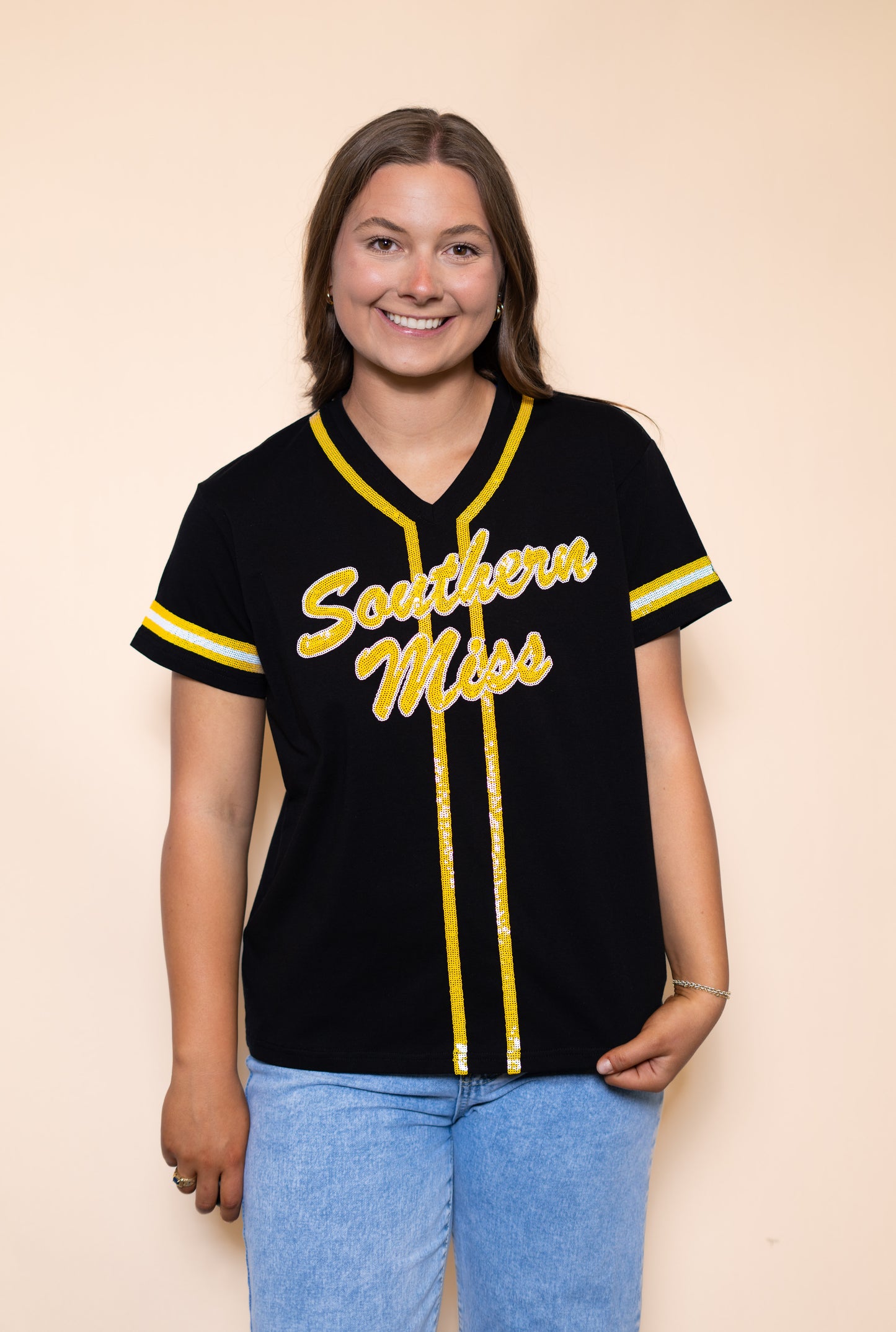 Southern Miss (LICENSED) | Women's Sequin Design Baseball Jersey V-Neck Tee (Black)