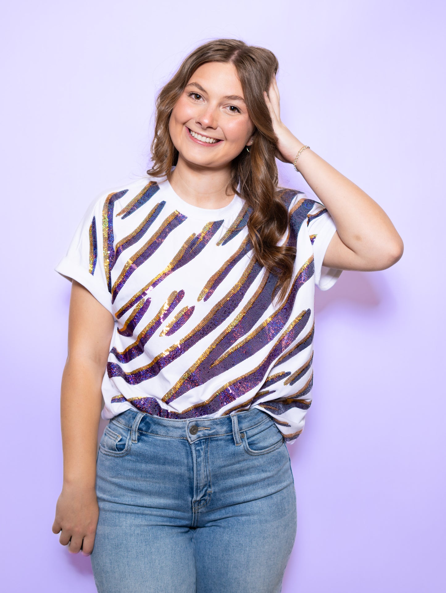 Purple & Gold Tiger Stripe | Women's Sequin Design Cuff Sleeve Tee (White)