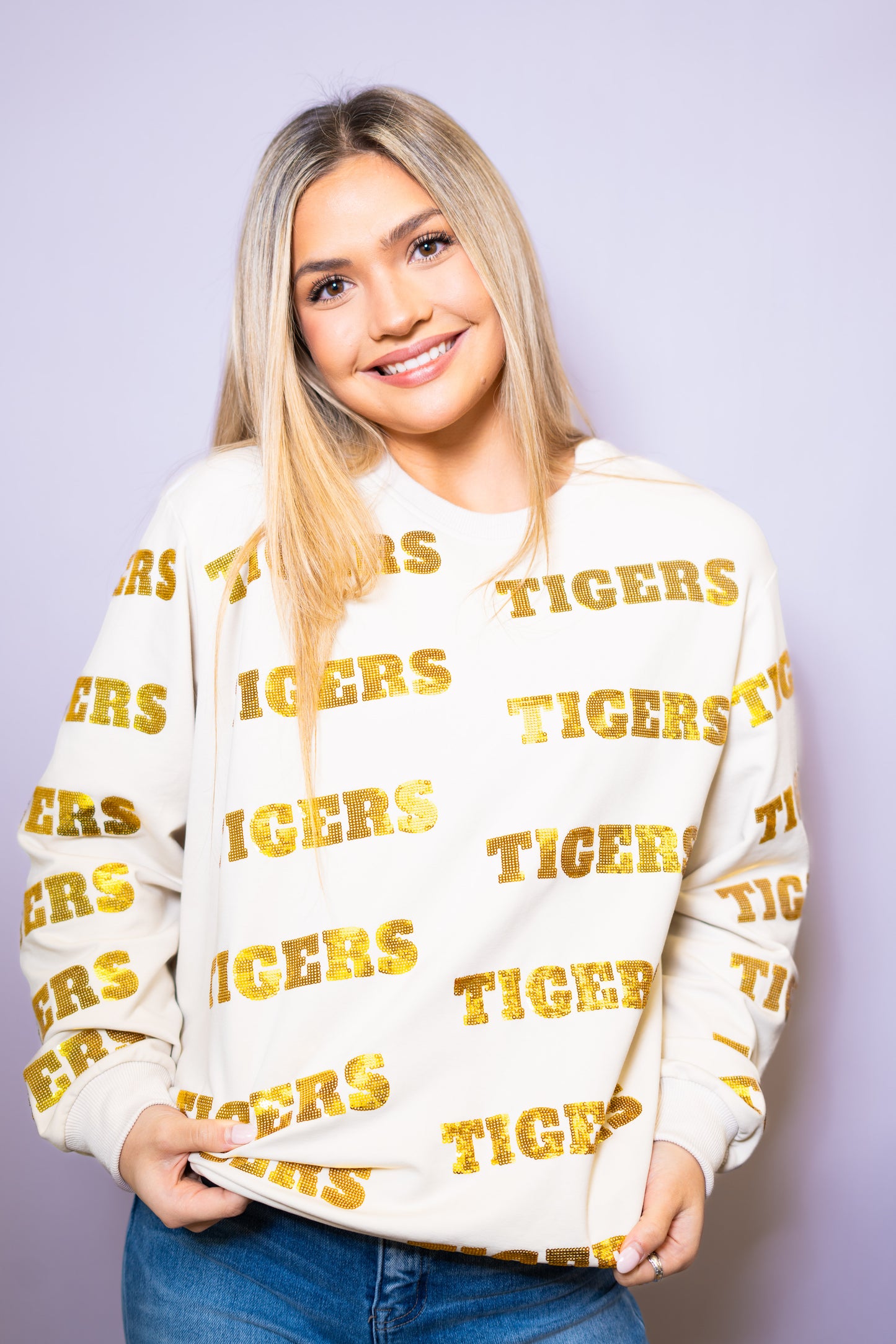 Tigers | Women's Sequin Design Sweatshirt (Cream)