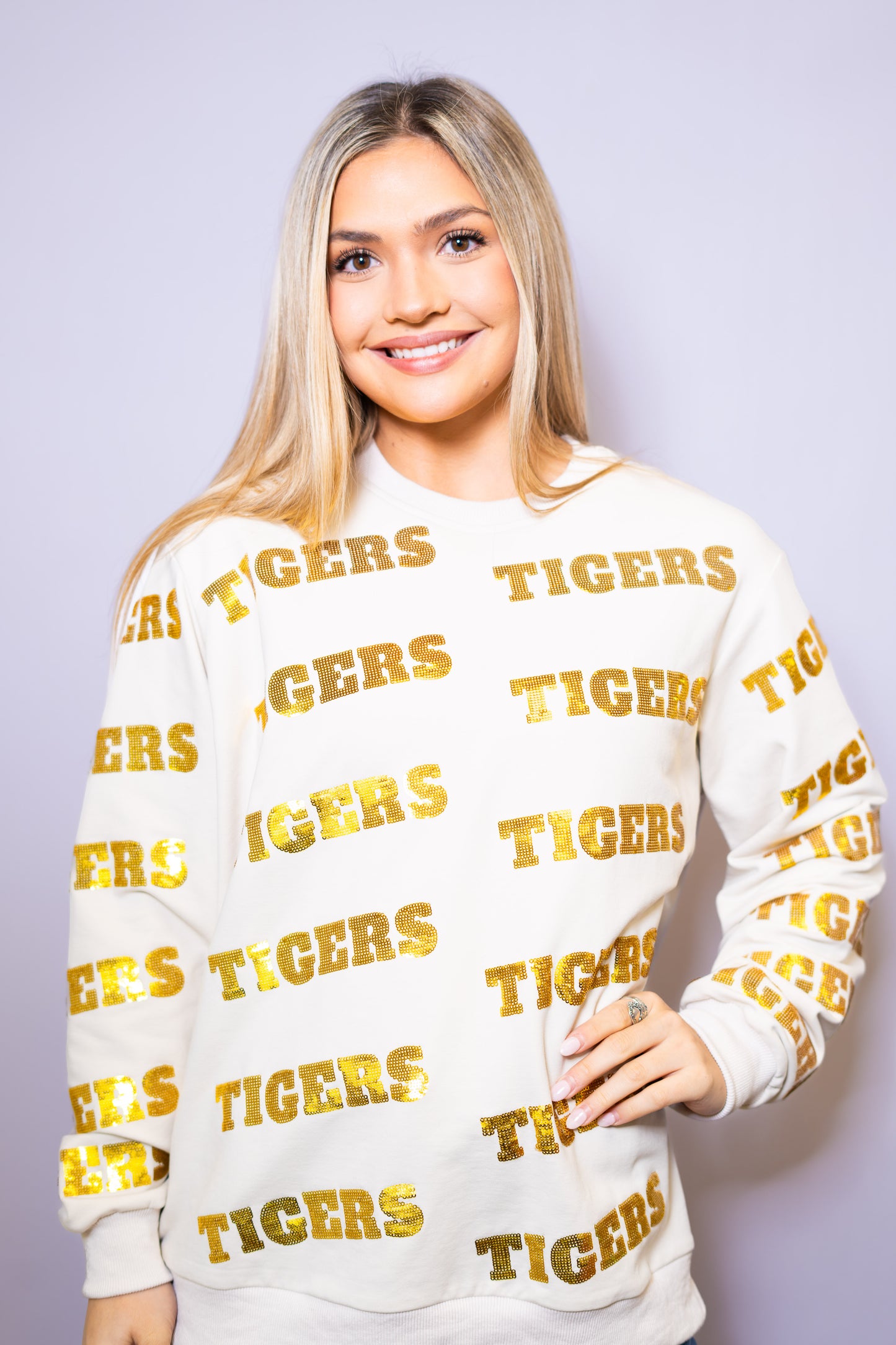 Tigers | Women's Sequin Design Sweatshirt (Cream)