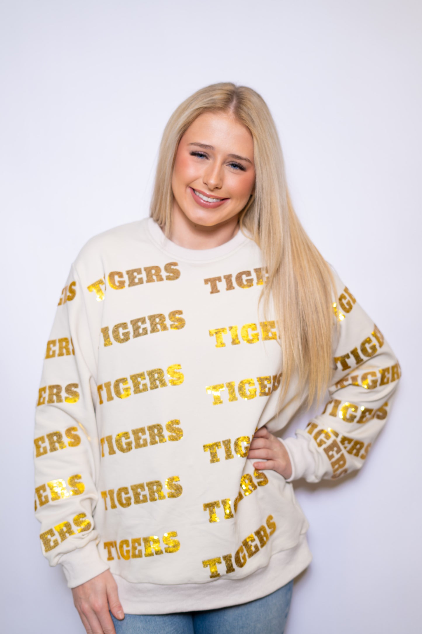 Tigers | Women's Sequin Design Sweatshirt (Cream)