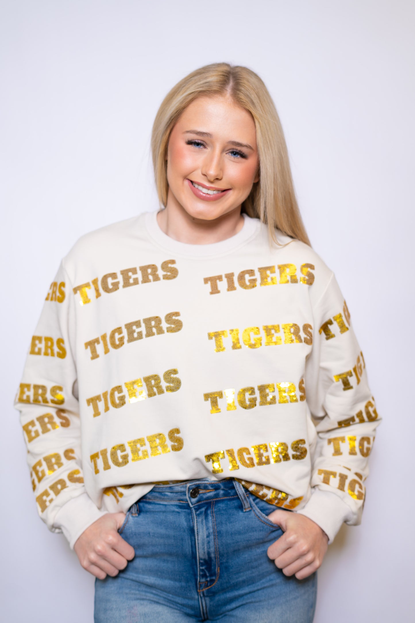 Tigers | Women's Sequin Design Sweatshirt (Cream)