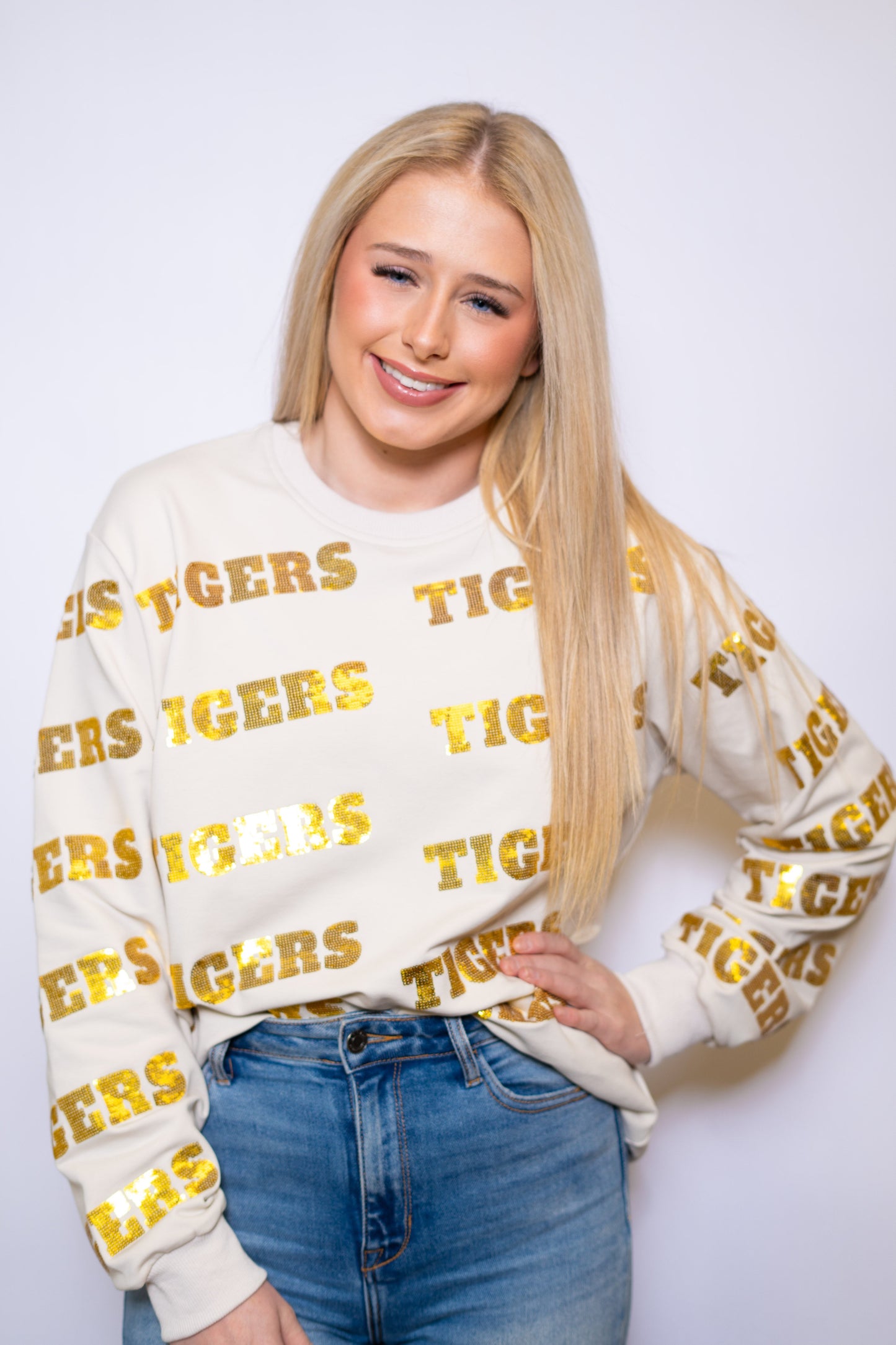 Tigers | Women's Sequin Design Sweatshirt (Cream)