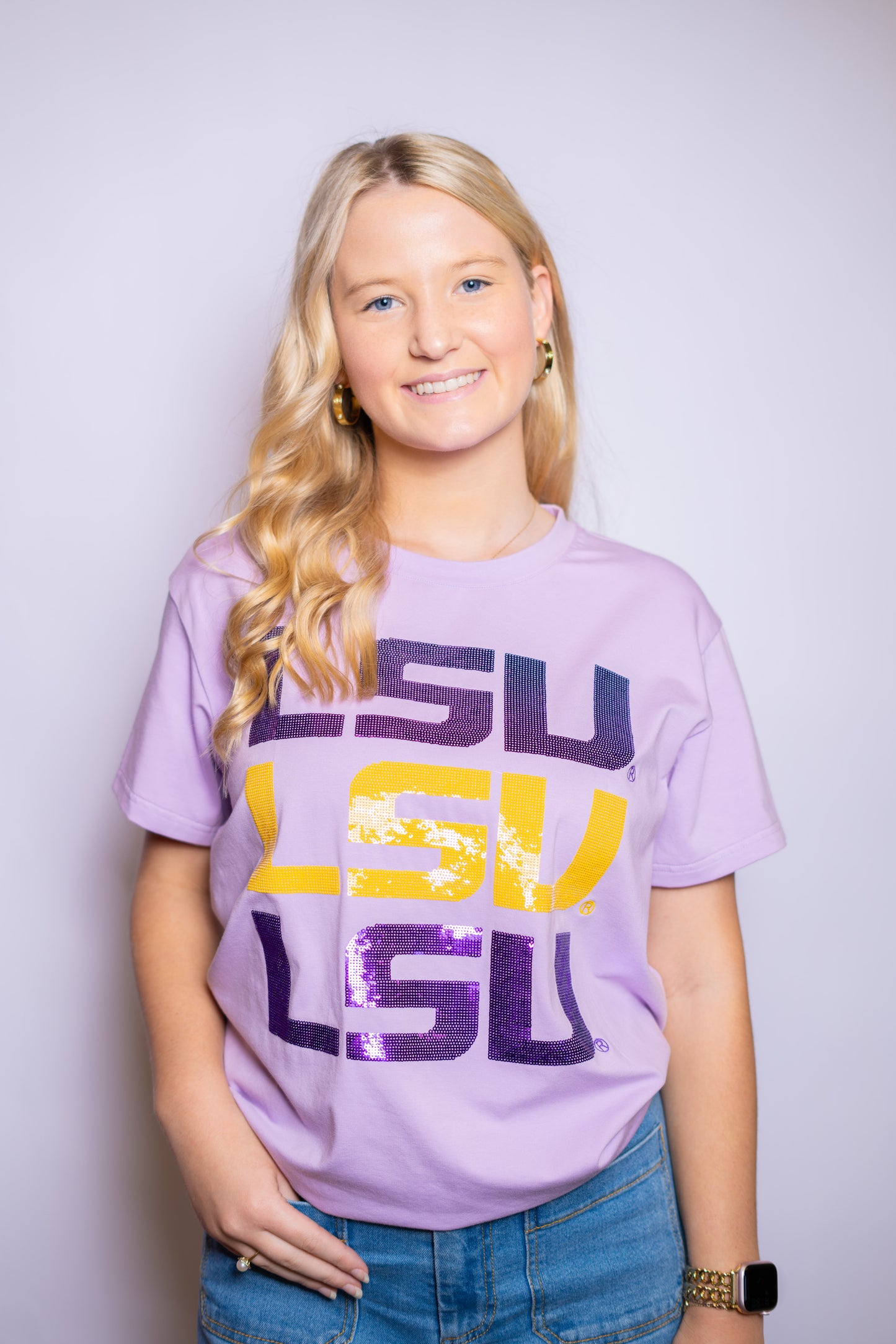 LSU Triple Block Logo (Licensed) | Women's Sequin Design Tee (Lavender)