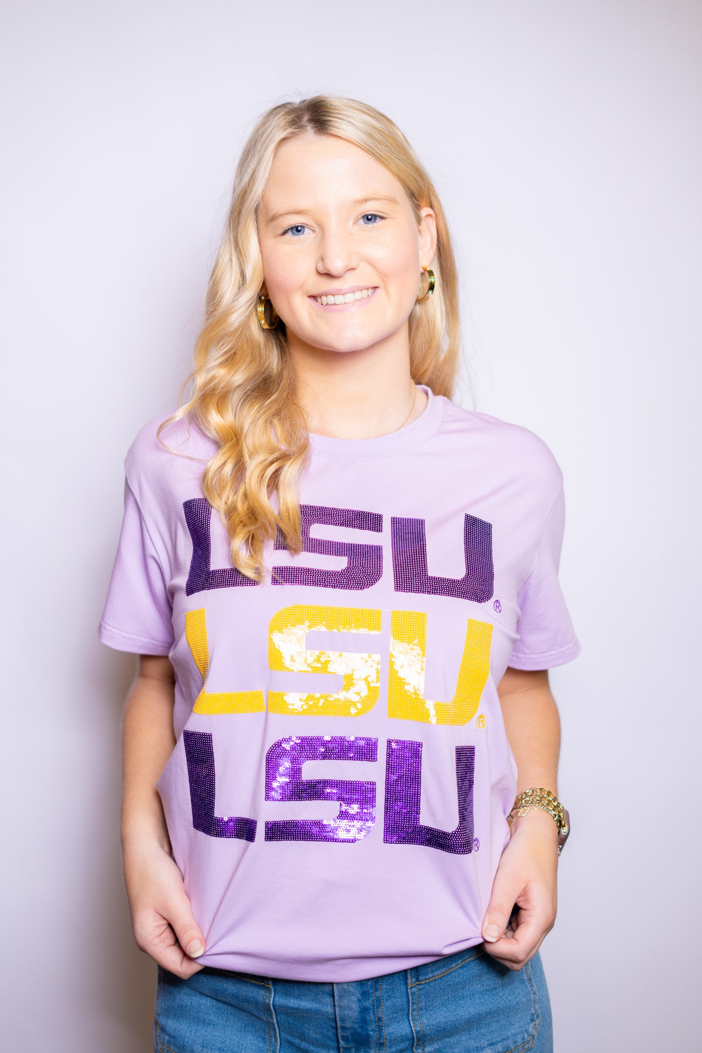 LSU Triple Block Logo (Licensed) | Women's Sequin Design Tee (Lavender)
