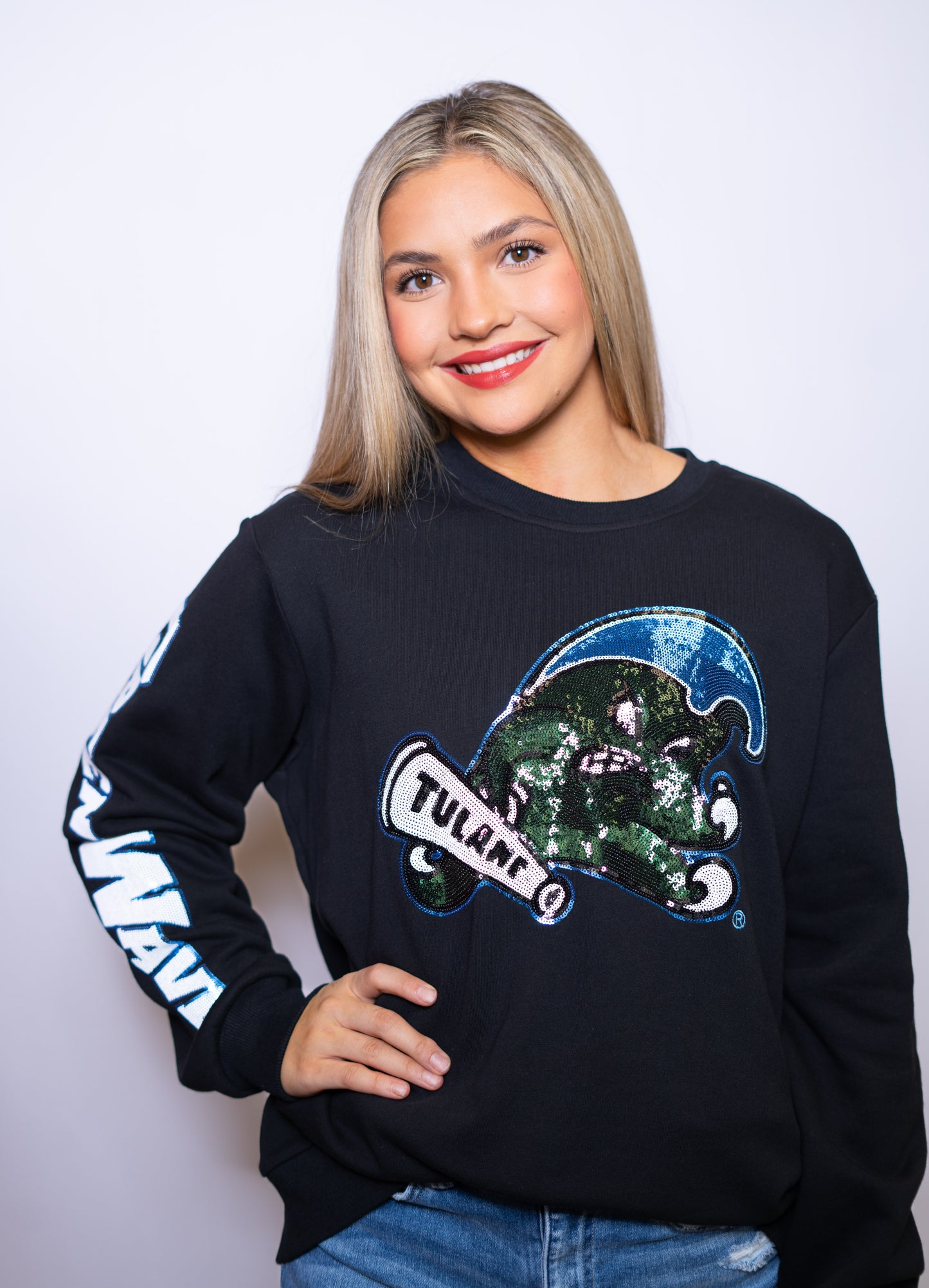 Tulane Green Wave | Women's Sequin Design Sweatshirt (Black)