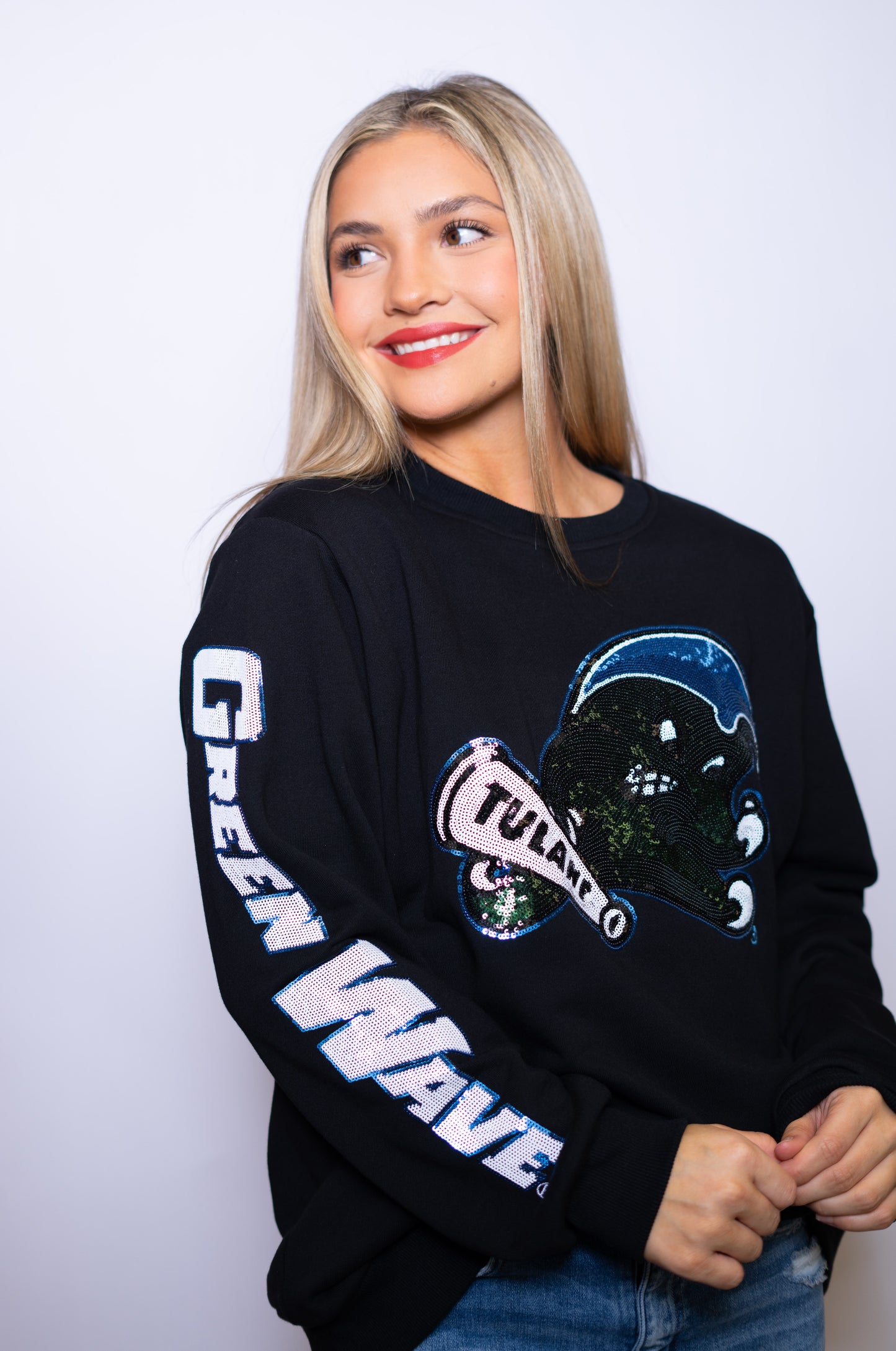 Tulane Green Wave | Women's Sequin Design Sweatshirt (Black)