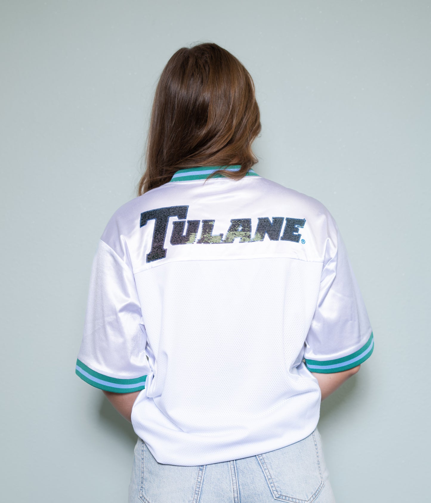 **PRE-ORDER ONLY** Wholesale | Tulane (Licensed) | Women's Sequin Design Football Jersey (White)