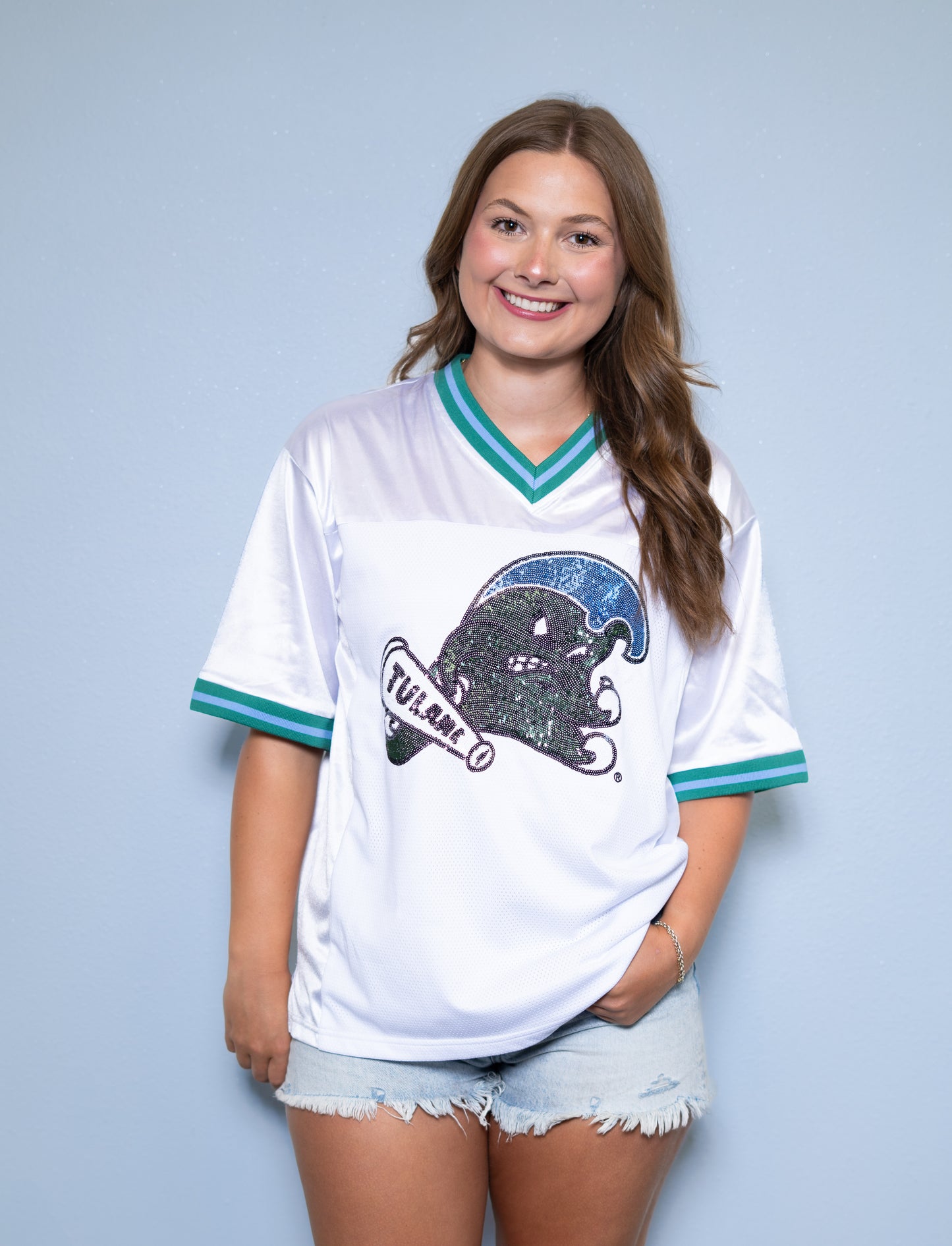 **PRE-ORDER ONLY** Wholesale | Tulane (Licensed) | Women's Sequin Design Football Jersey (White)