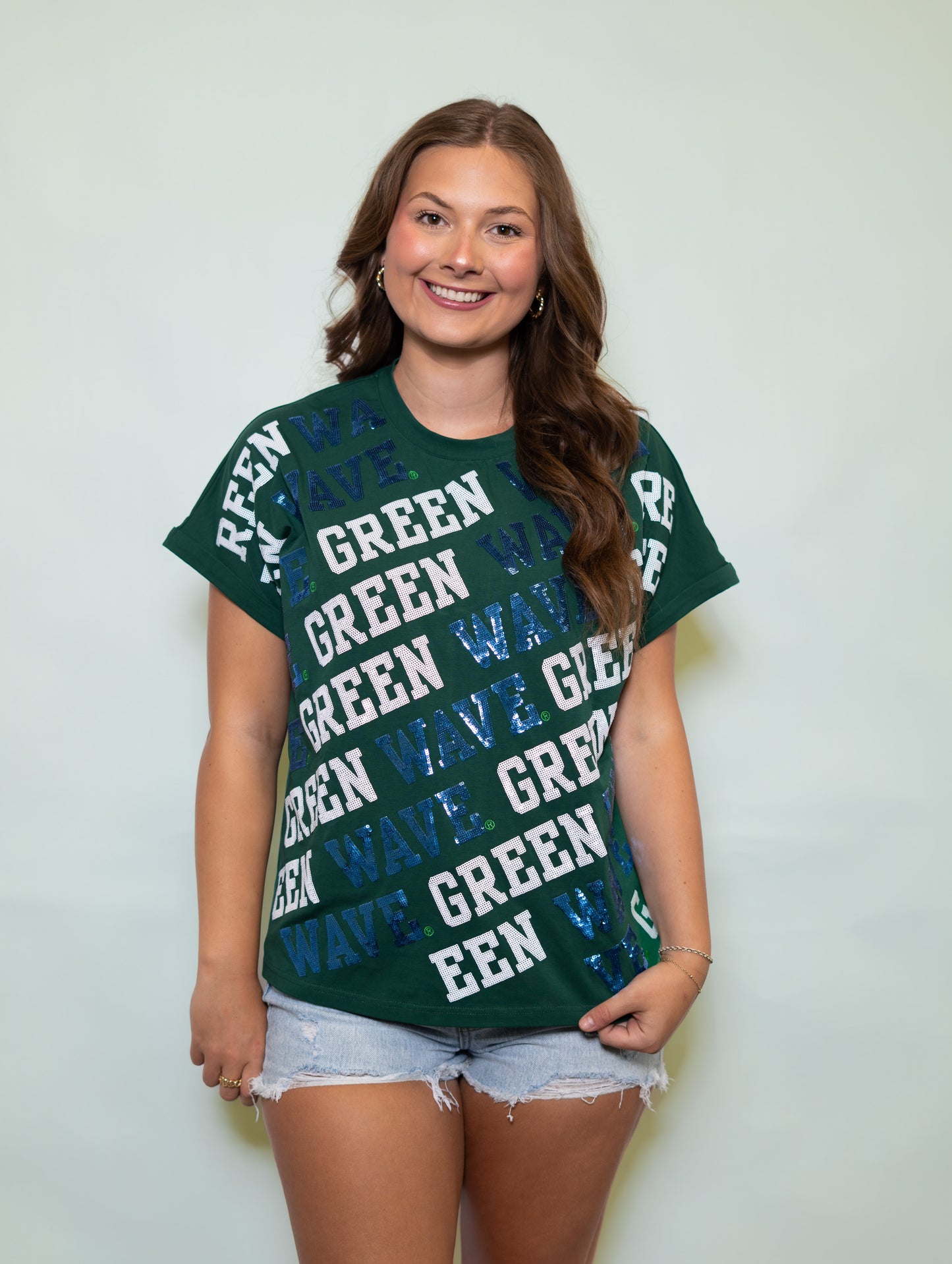 Wholesale | Tulane Green Wave Varsity Block (Licensed) | Women's Sequin Design Cuff Sleeve (Green)