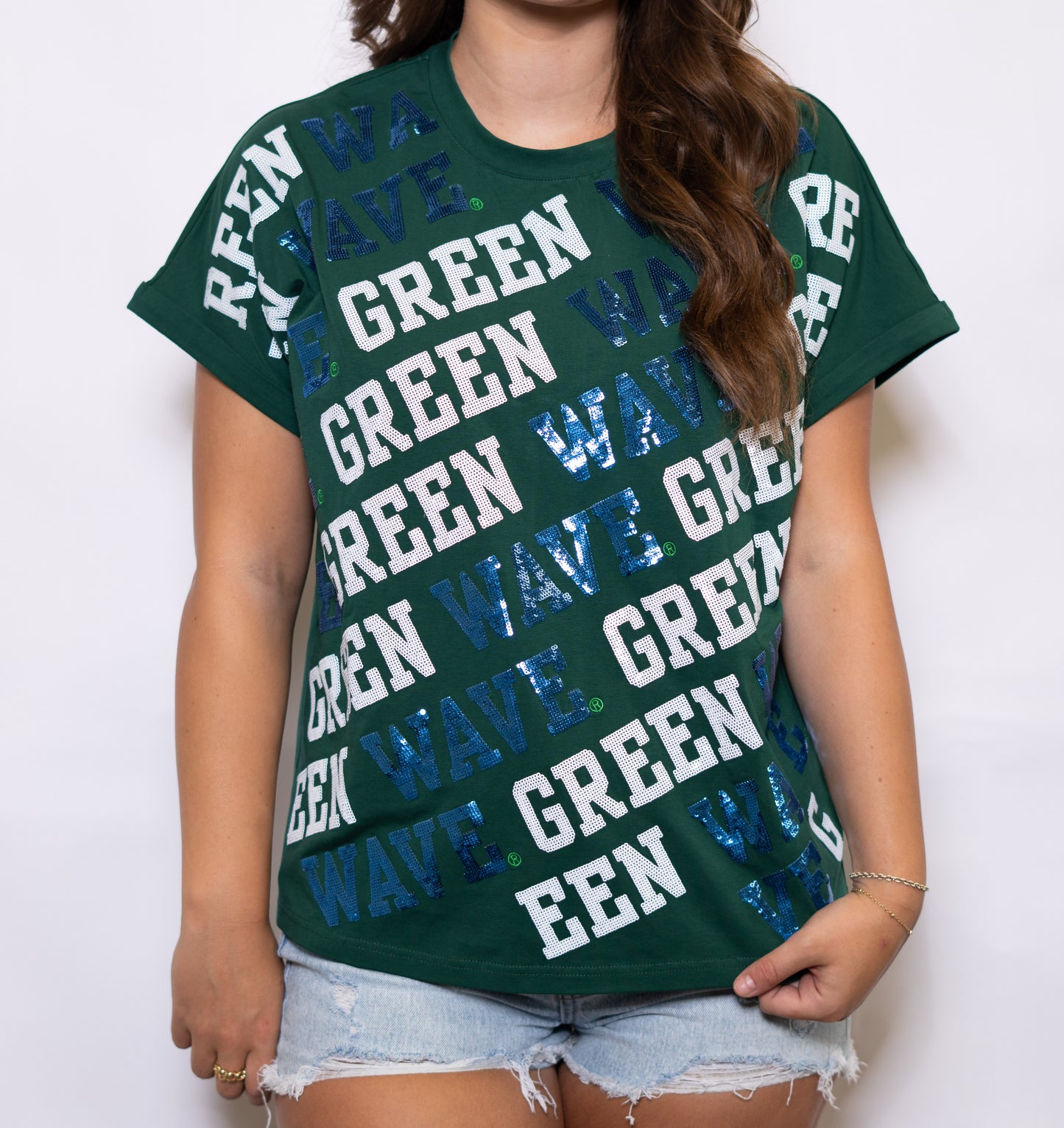Wholesale | Tulane Green Wave Varsity Block (Licensed) | Women's Sequin Design Cuff Sleeve (Green)