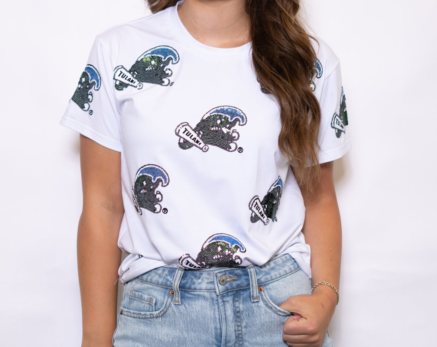 Wholesale | Scattered Tulane (Licensed) | Women's Sequin Design Tee (White)