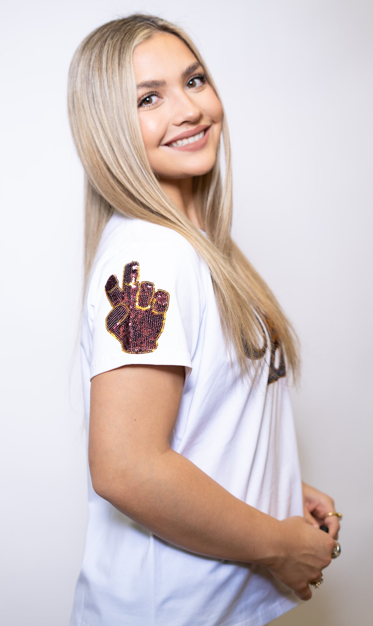 University of Louisiana Monroe "ULM" (Licensed) | Women's Sequin Design Tee (White)