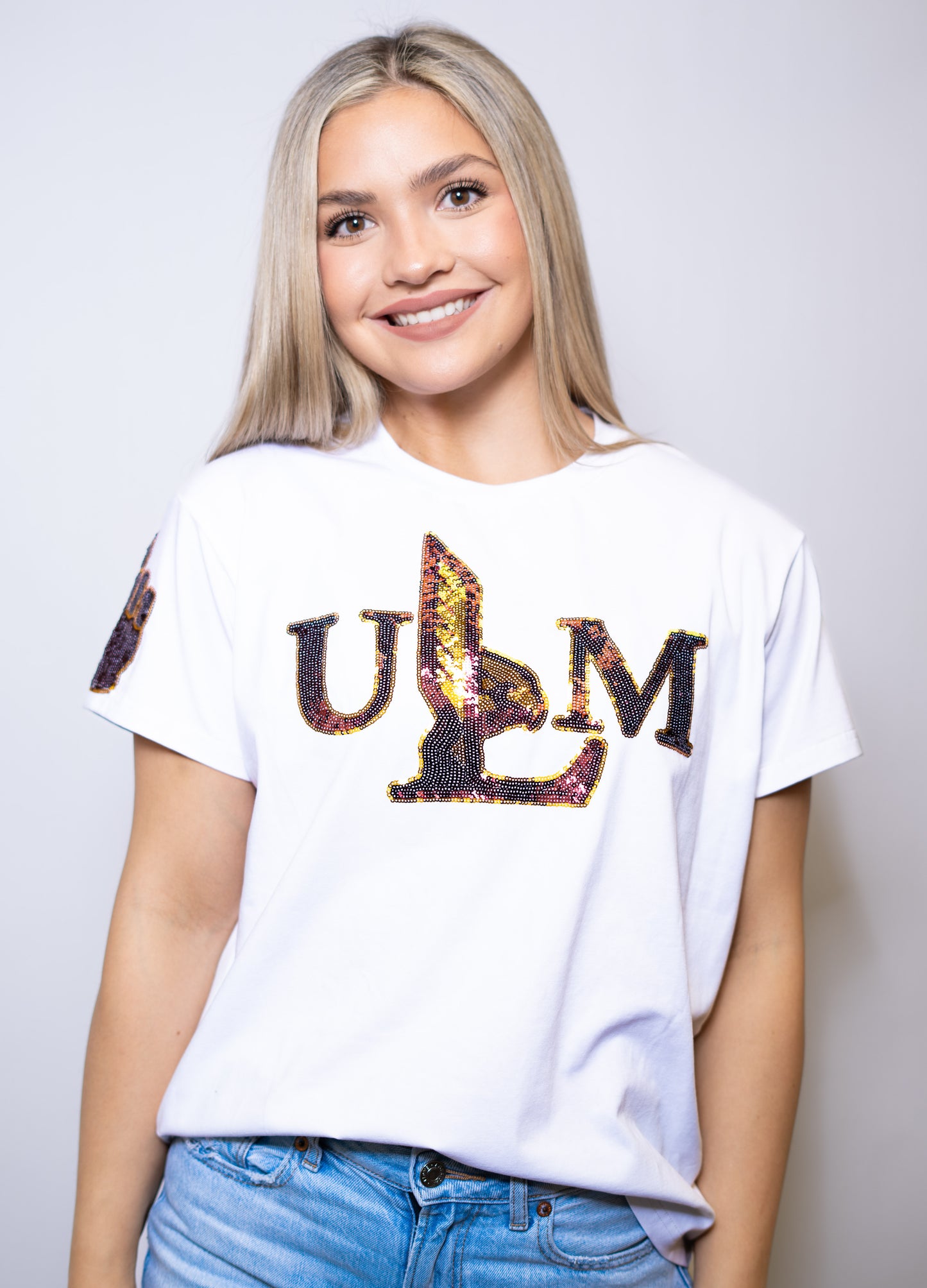 University of Louisiana Monroe "ULM" (Licensed) | Women's Sequin Design Tee (White)