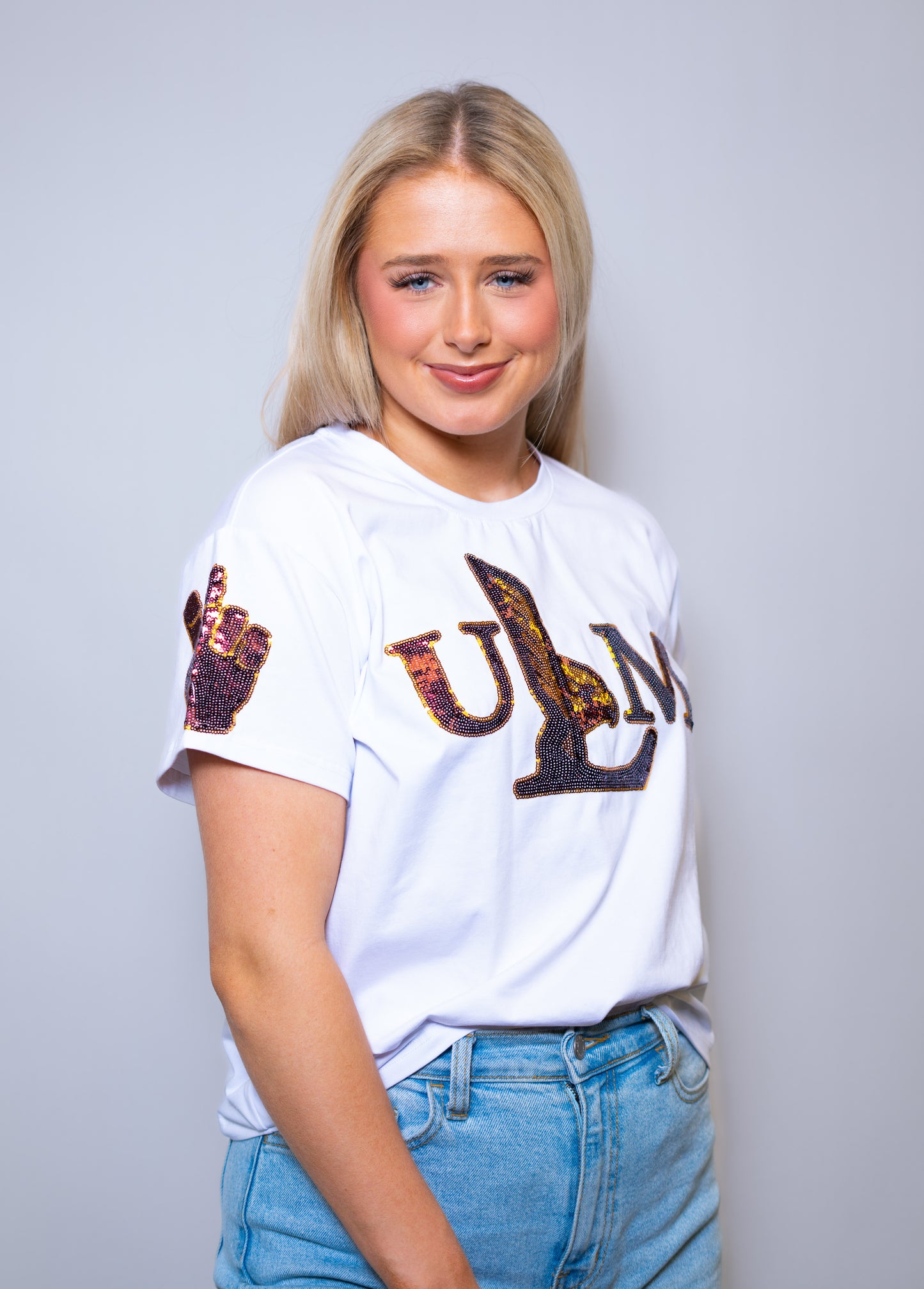 University of Louisiana Monroe "ULM" (Licensed) | Women's Sequin Design Tee (White)