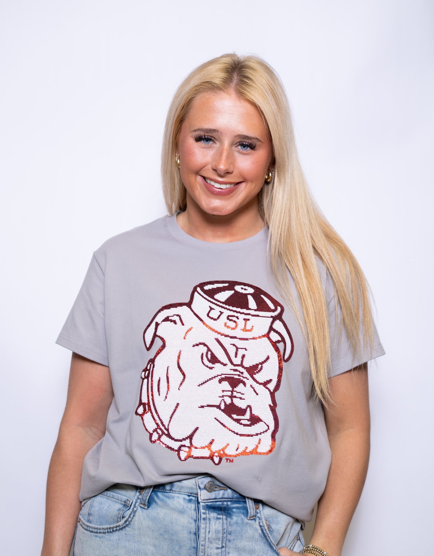 UL Vintage Ragin' Cajuns (Licensed) | Women's Sequin Design Tee (Grey)