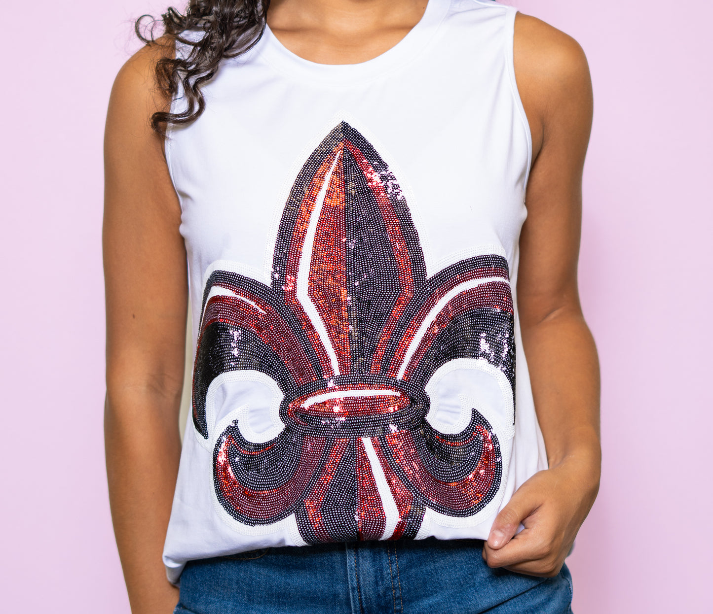 **PRE-ORDER ONLY** University of Louisiana Lafayette Fleur de Lis (Licensed) | Women's Sequin Design Tank (White)