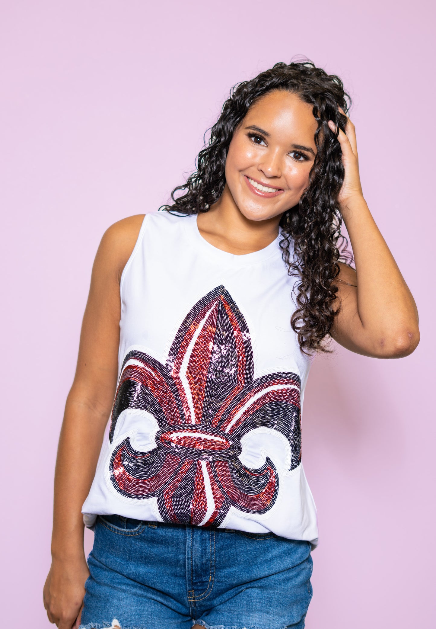 **PRE-ORDER ONLY** University of Louisiana Lafayette Fleur de Lis (Licensed) | Women's Sequin Design Tank (White)