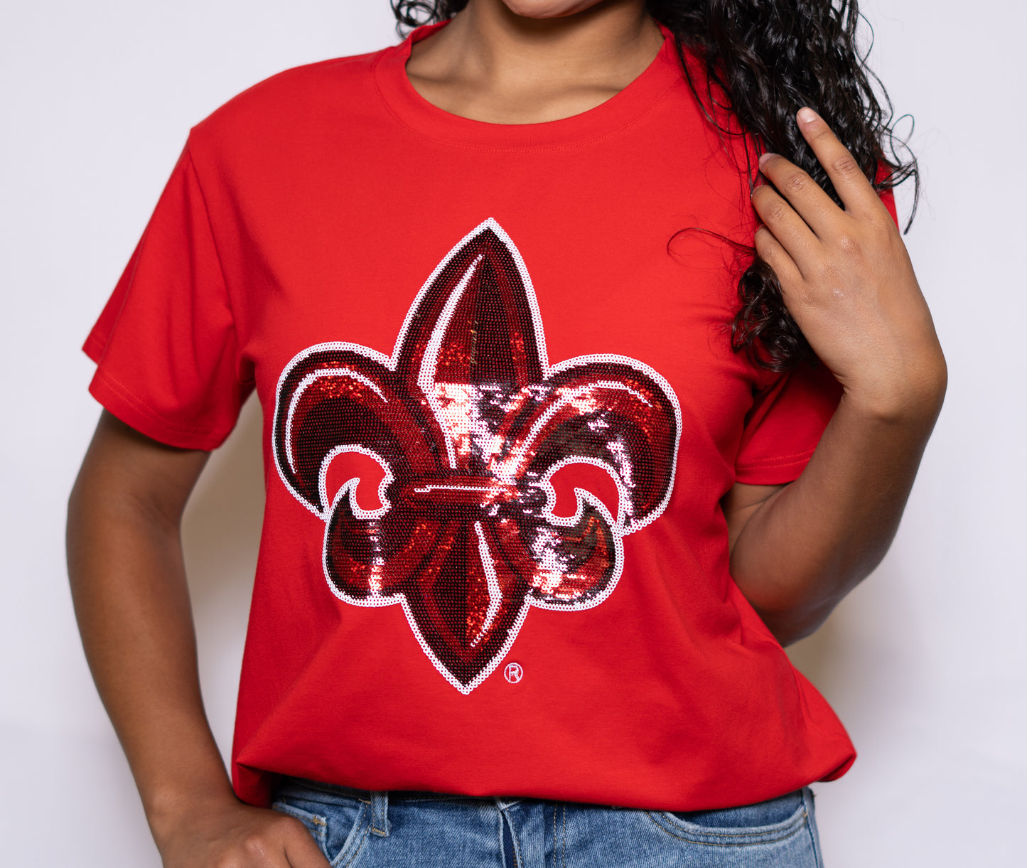 University of Louisiana Lafayette Fleur de Lis (Licensed) | Women's Sequin Design Tee (Red)