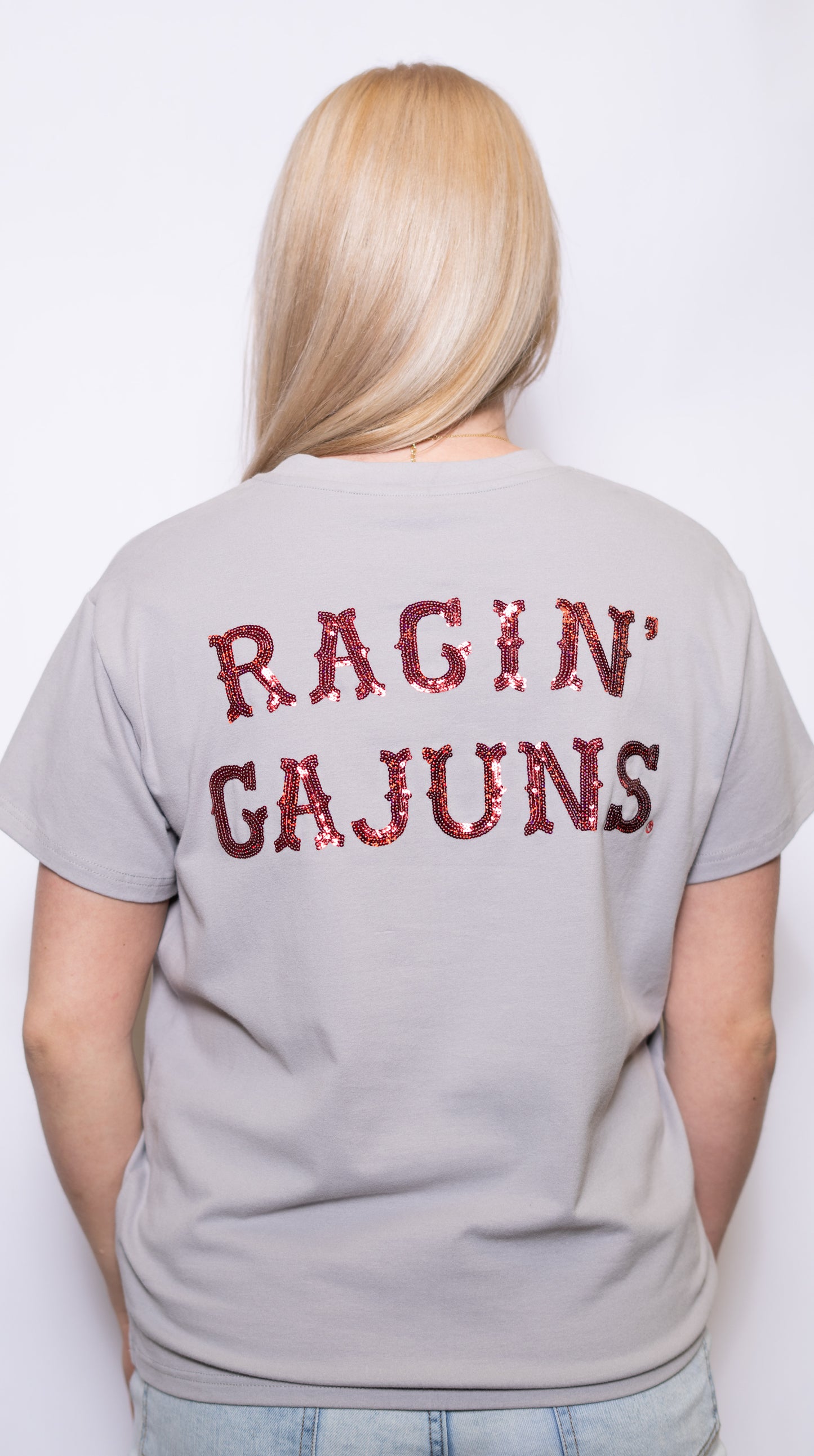 UL Vintage Ragin' Cajuns (Licensed) | Women's Sequin Design Tee (Grey)