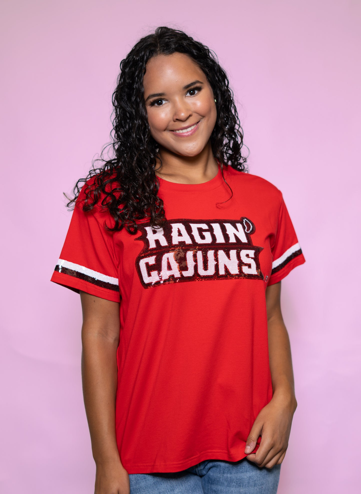 University of Louisiana Lafayette Ragin Cajuns (Licensed) | Women's Sequin Design Tee (Red)