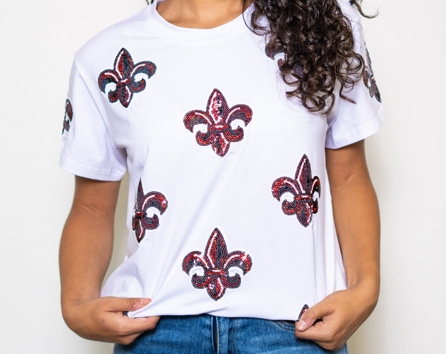 **PRE-ORDER ONLY** Scattered UL Fleur de Lis (Licensed) | Women's Sequin Design Tee (White)