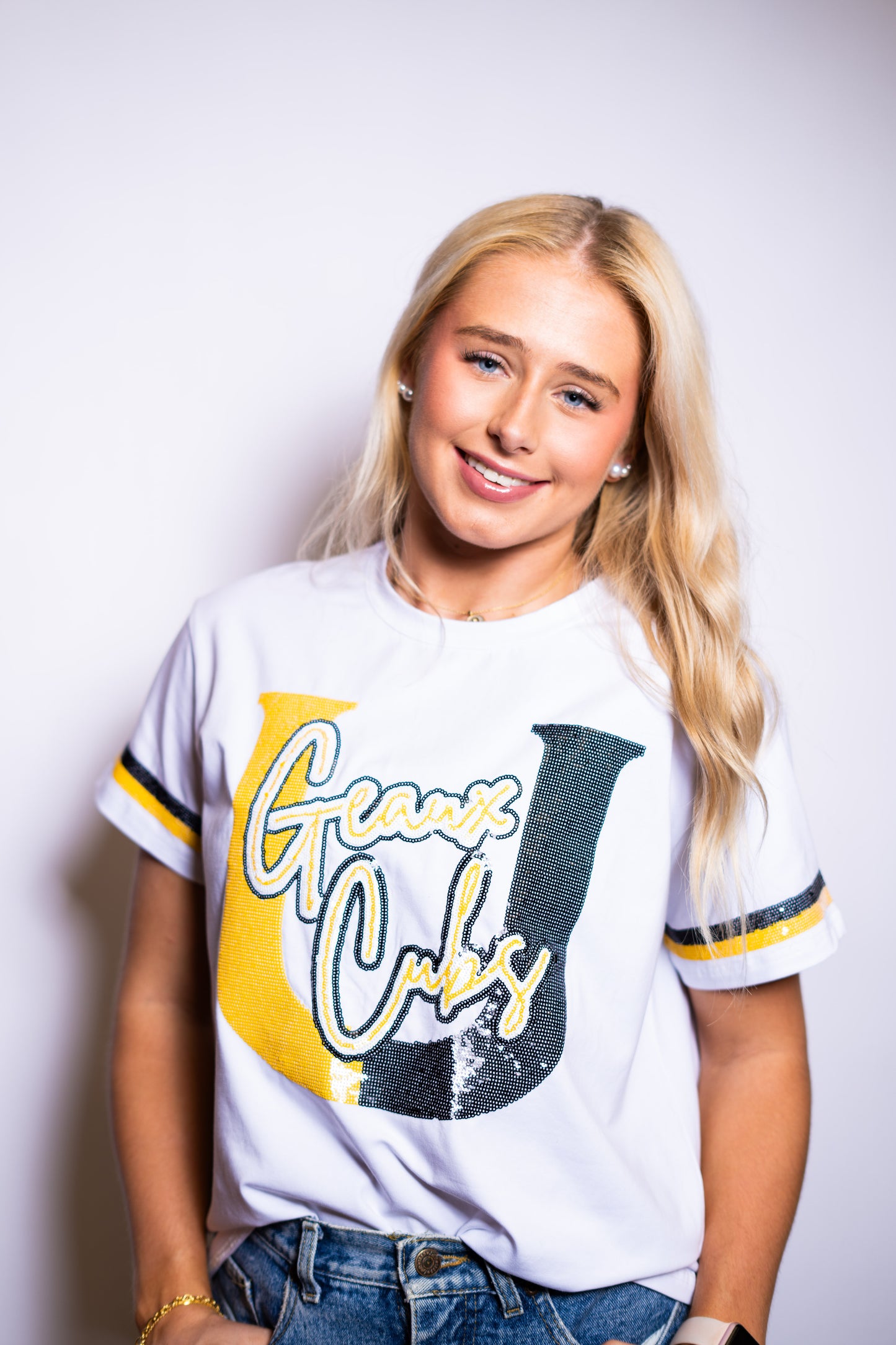 University Lab School | Geaux Cubs | Youth & Women's Sequin Design Tee (White)