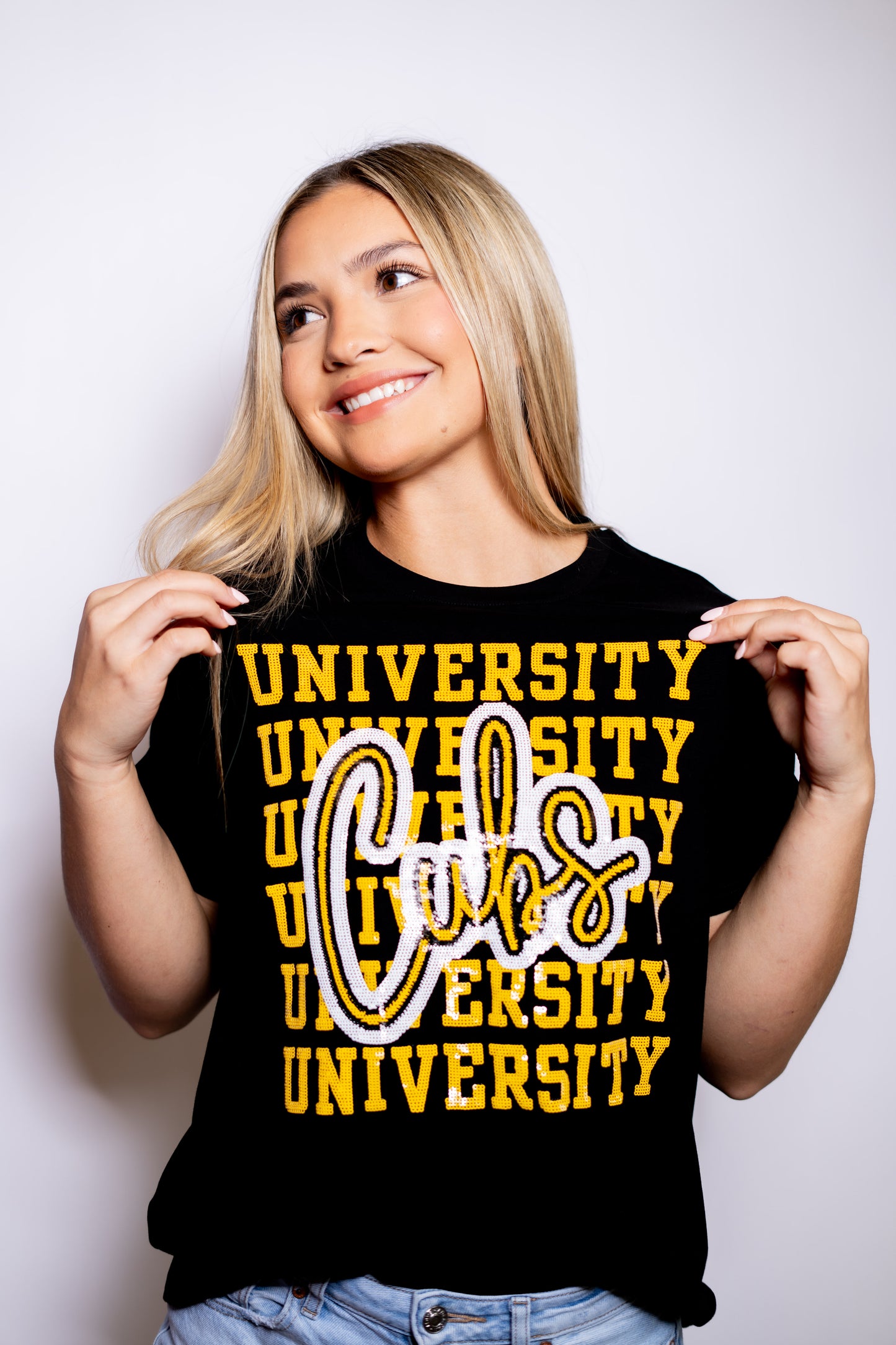 University Lab School | University Cubs Block Script | Women's Sequin Design Tee (Black)