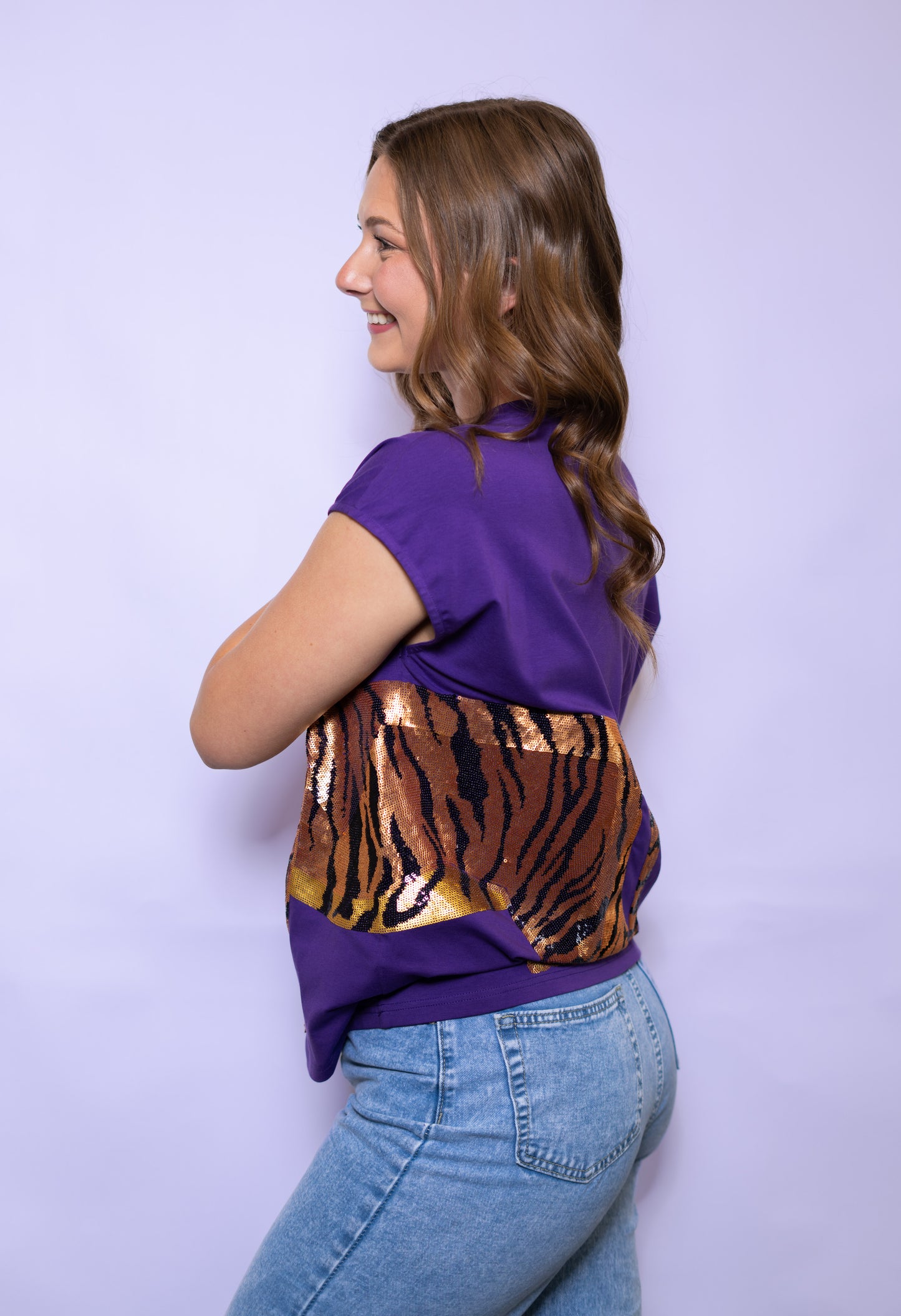 **PRE-ORDER ONLY** Wrap-Around Tiger | Women's Wide Shoulder Sequin Design V-Neck Tee (Purple)