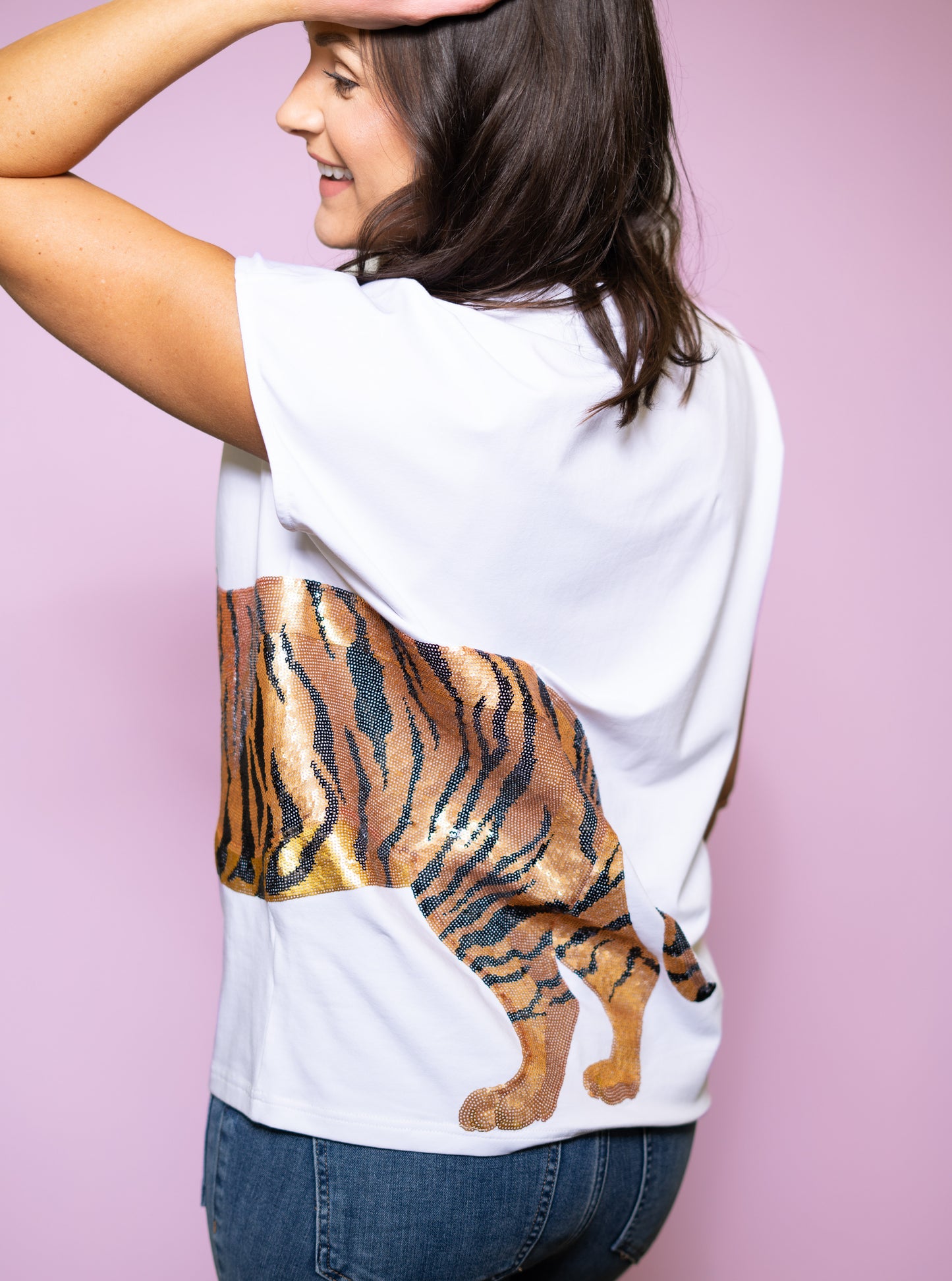 **PRE-ORDER ONLY** Wholesale | Wrap-Around Tiger | Women's Wide Shoulder Sequin Design V-Neck (White)