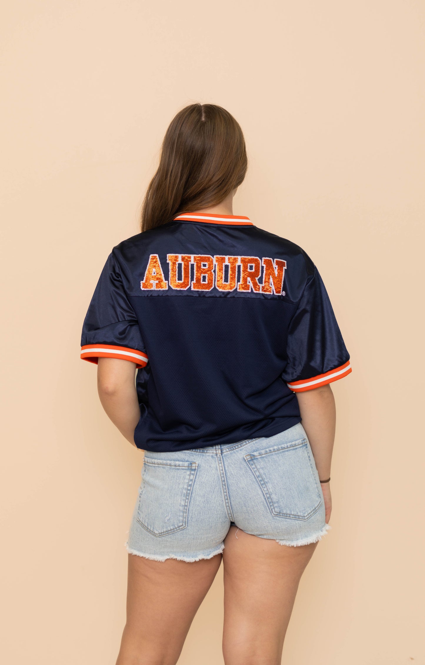 Wholesale | Auburn Tigers (Licensed) | Women's Sequin Design Football Jersey (Navy)