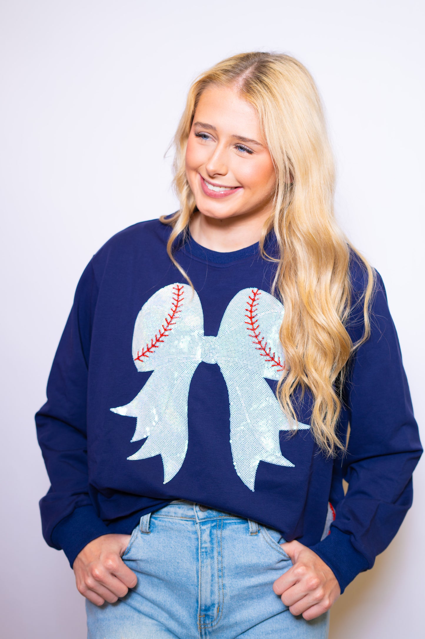 Baseball Bow | Women's Sequin Design Sweatshirt (Navy)