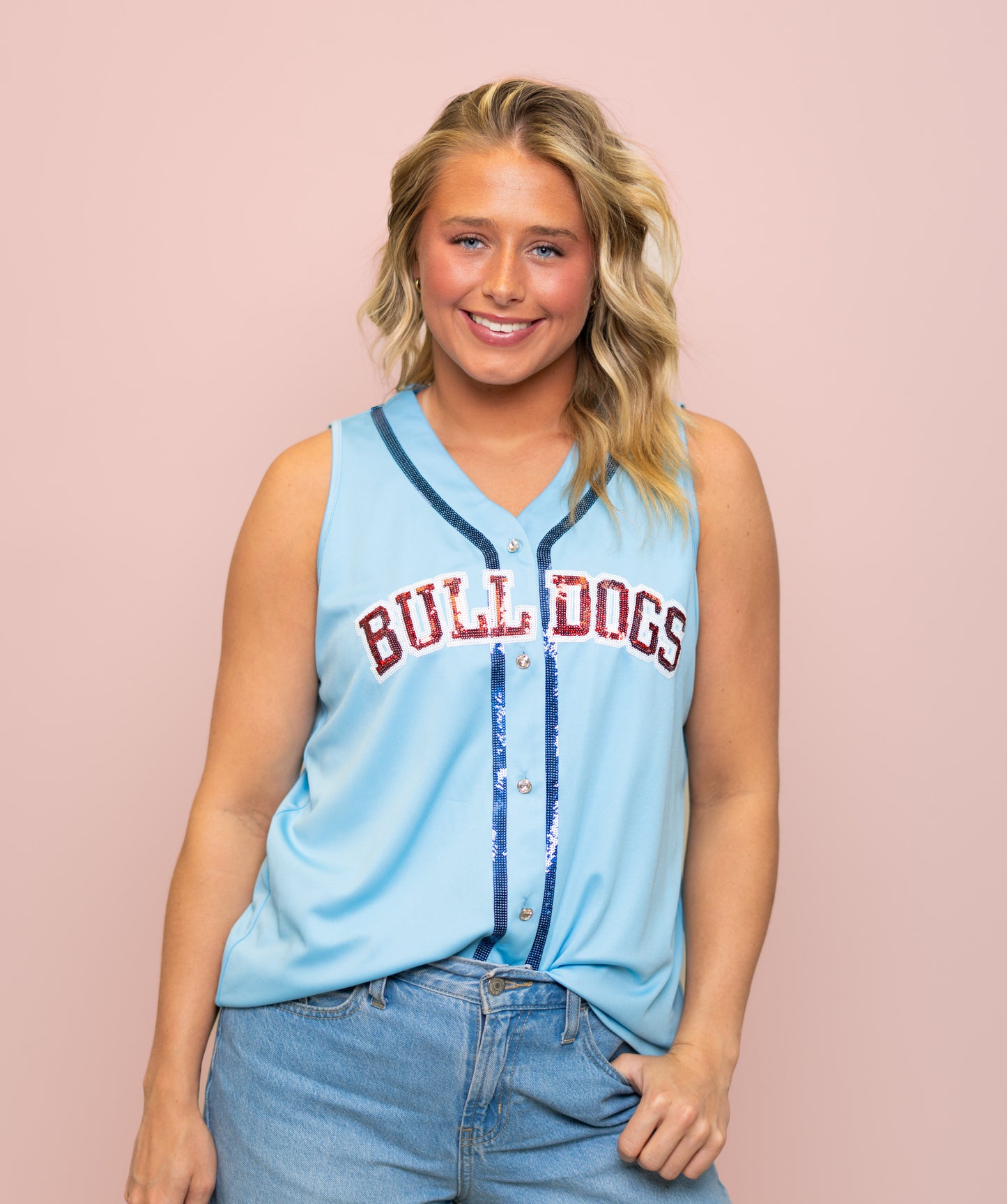 LA Tech Bulldogs (Licensed) | Women's Sequin Embroidery Baseball Jersey Tank (Blue)