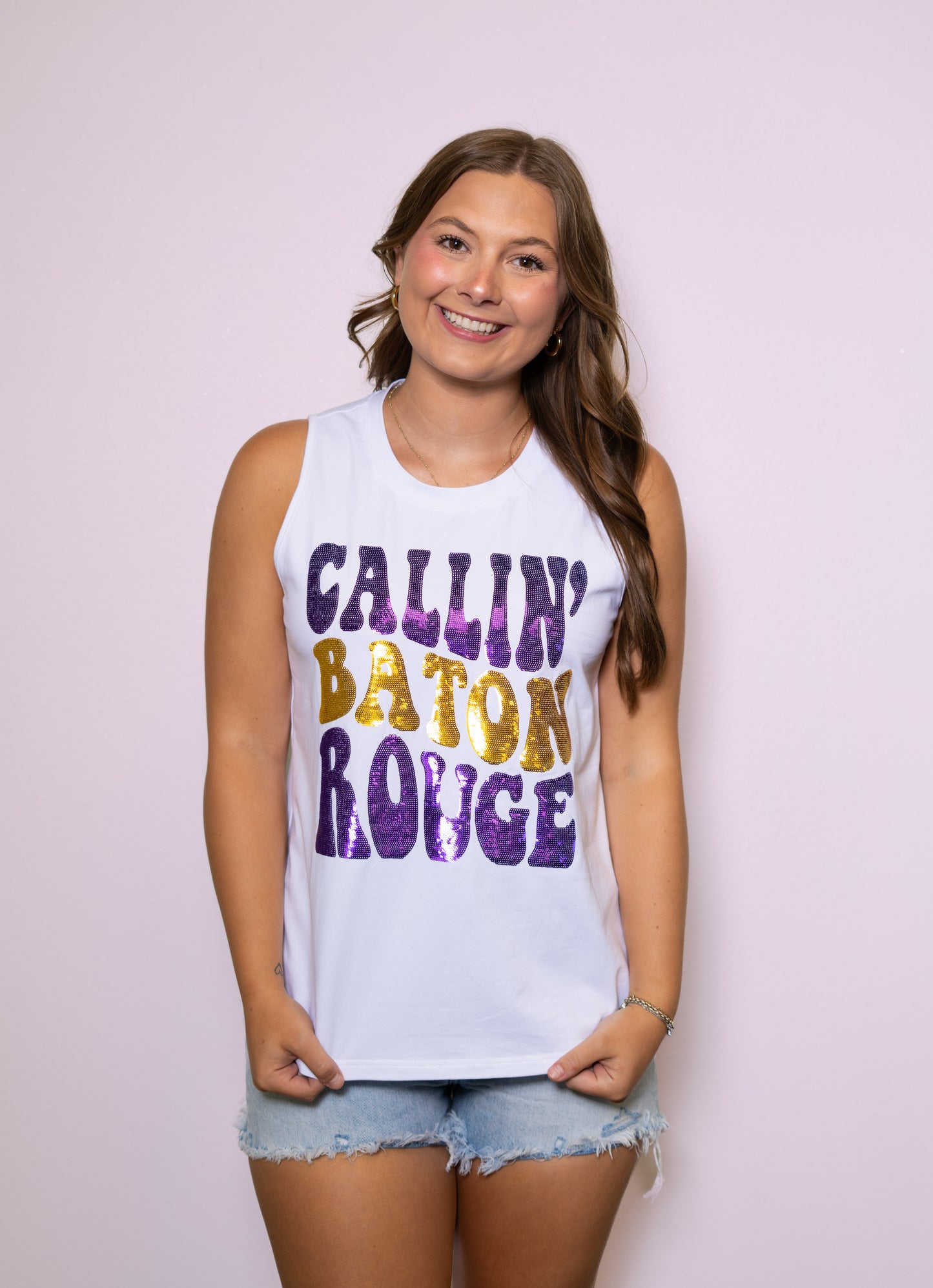 Callin' Baton Rouge | Women's Sequin Design Tank (White)