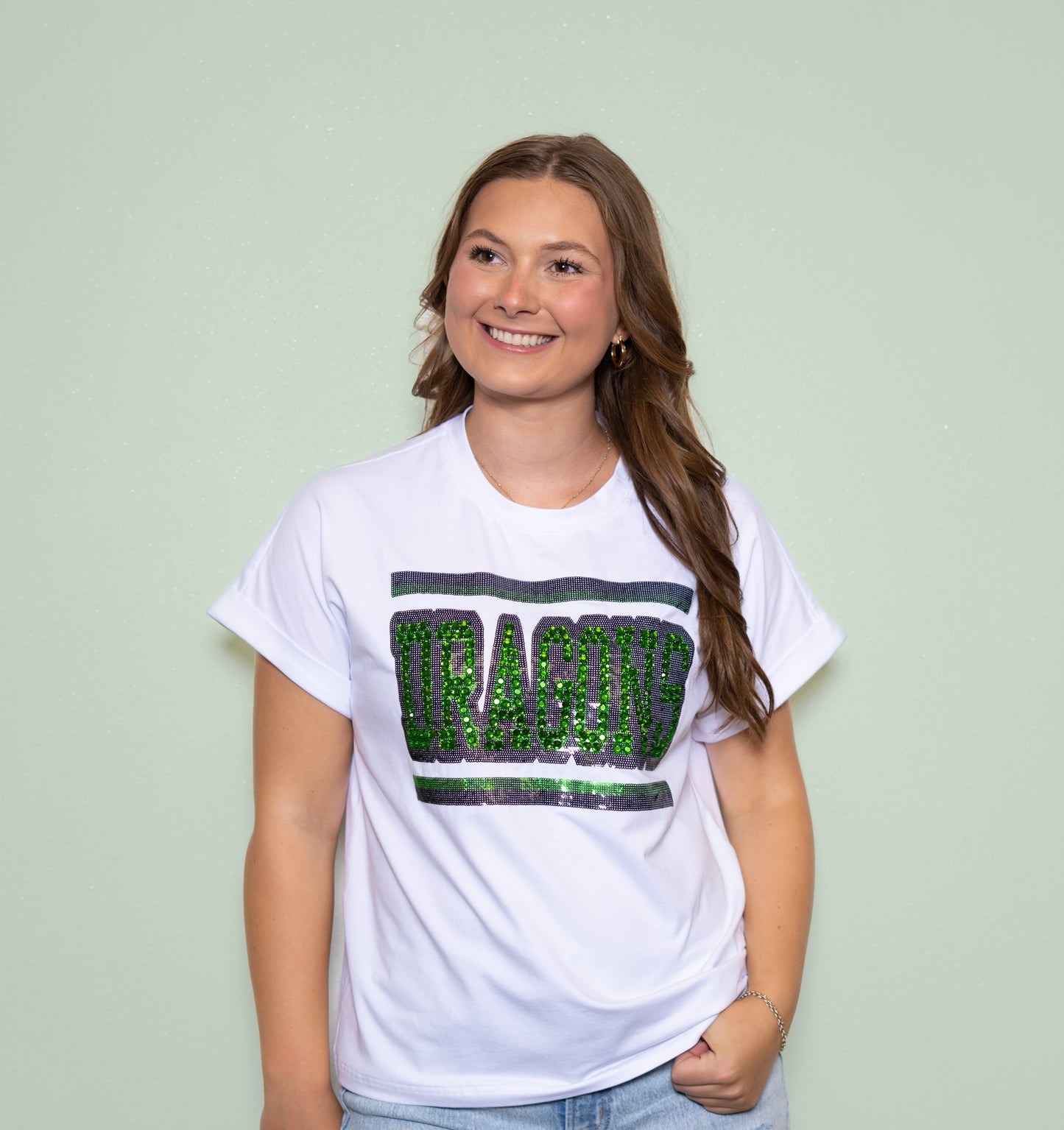 **PRE-ORDER ONLY** Jeweled Dragons | Women's Sequin + Jewel Design Cuff Sleeve Tee (White)