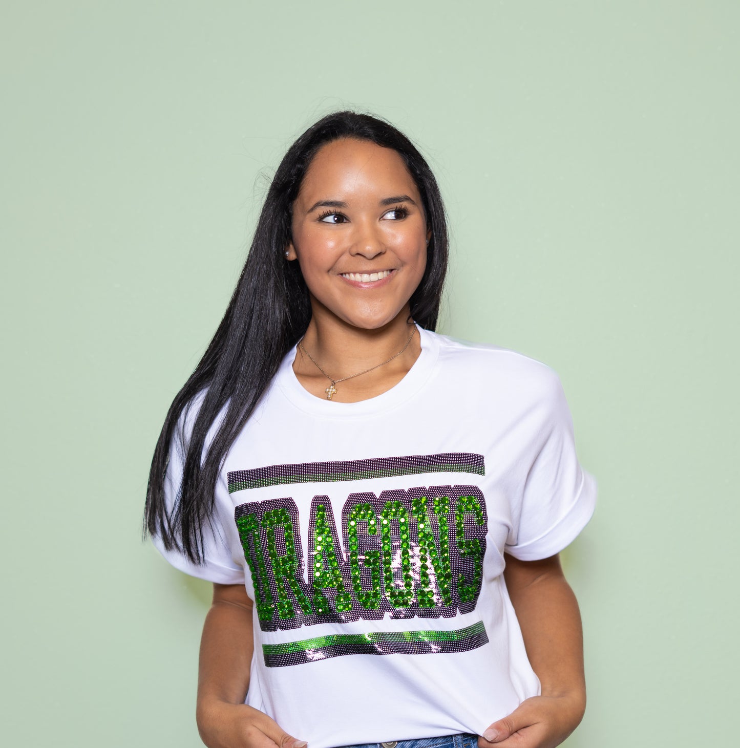 **PRE-ORDER ONLY** Jeweled Dragons | Women's Sequin + Jewel Design Cuff Sleeve Tee (White)