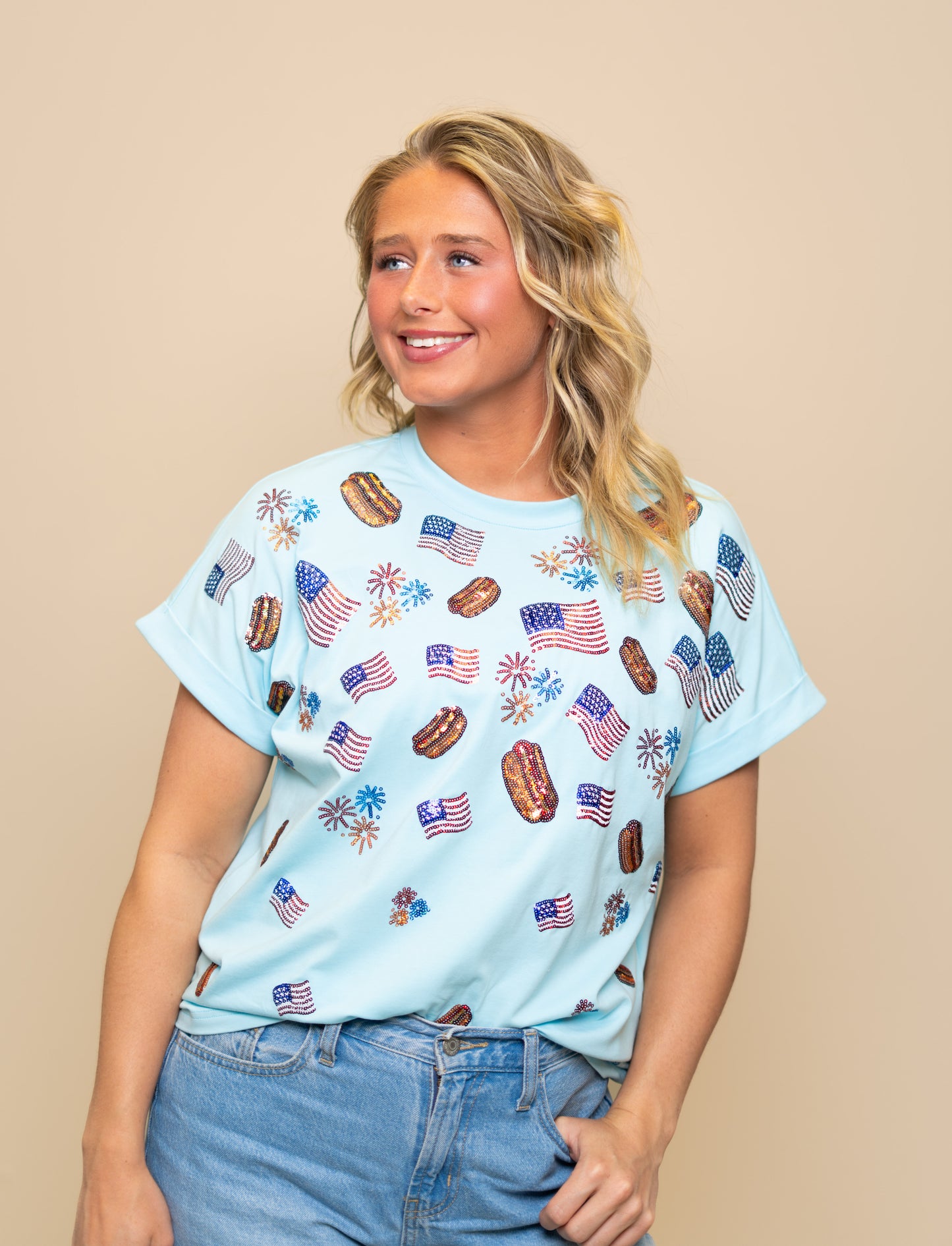 Star-Spangled Summer | Women's Sequin Design Cuff Sleeve Tee (Blue)