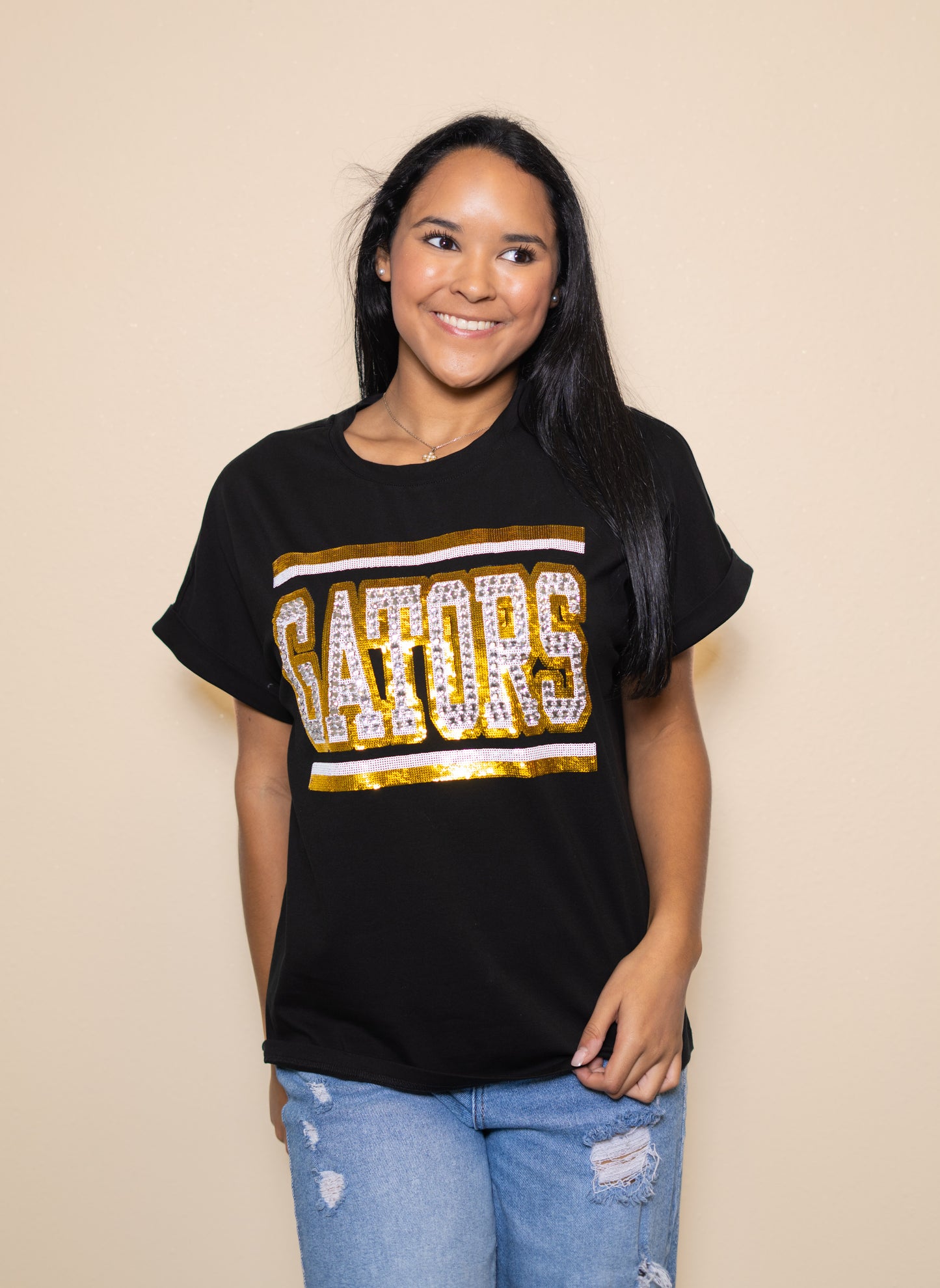 **PRE-ORDER ONLY** Jeweled Gators | Women's Sequin + Jewel Design Cuff Sleeve Tee (Black)