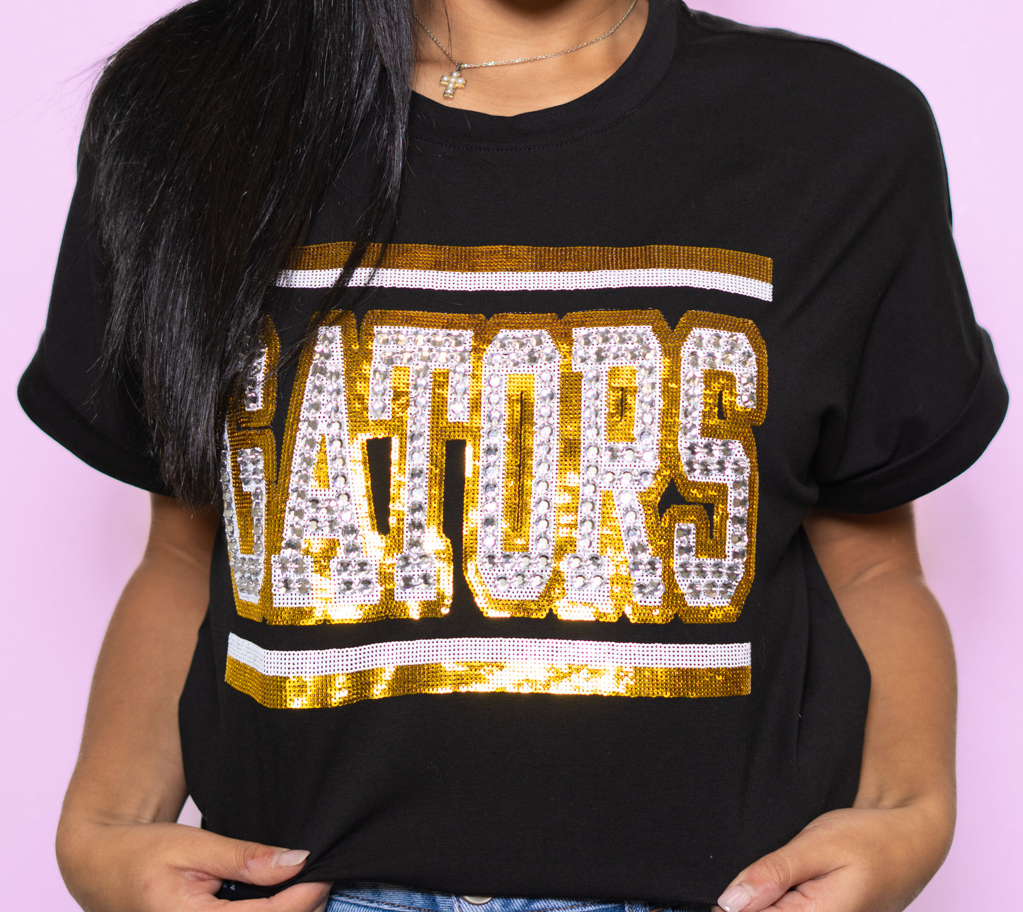 **PRE-ORDER ONLY** Jeweled Gators | Women's Sequin + Jewel Design Cuff Sleeve Tee (Black)