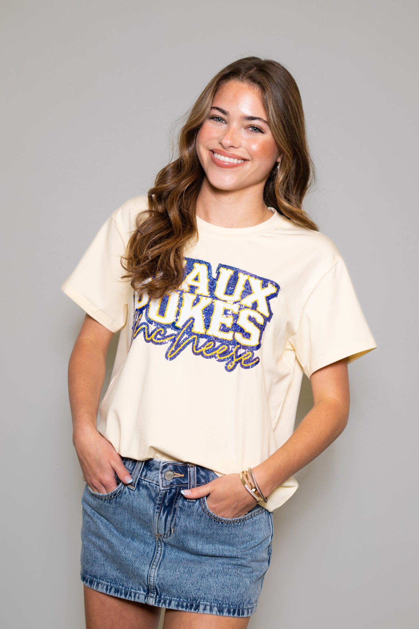 **PRE-ORDER ONLY** McNeese Geaux Pokes Script (Licensed) | Women's Sequin Design Tee (Butter Yellow)