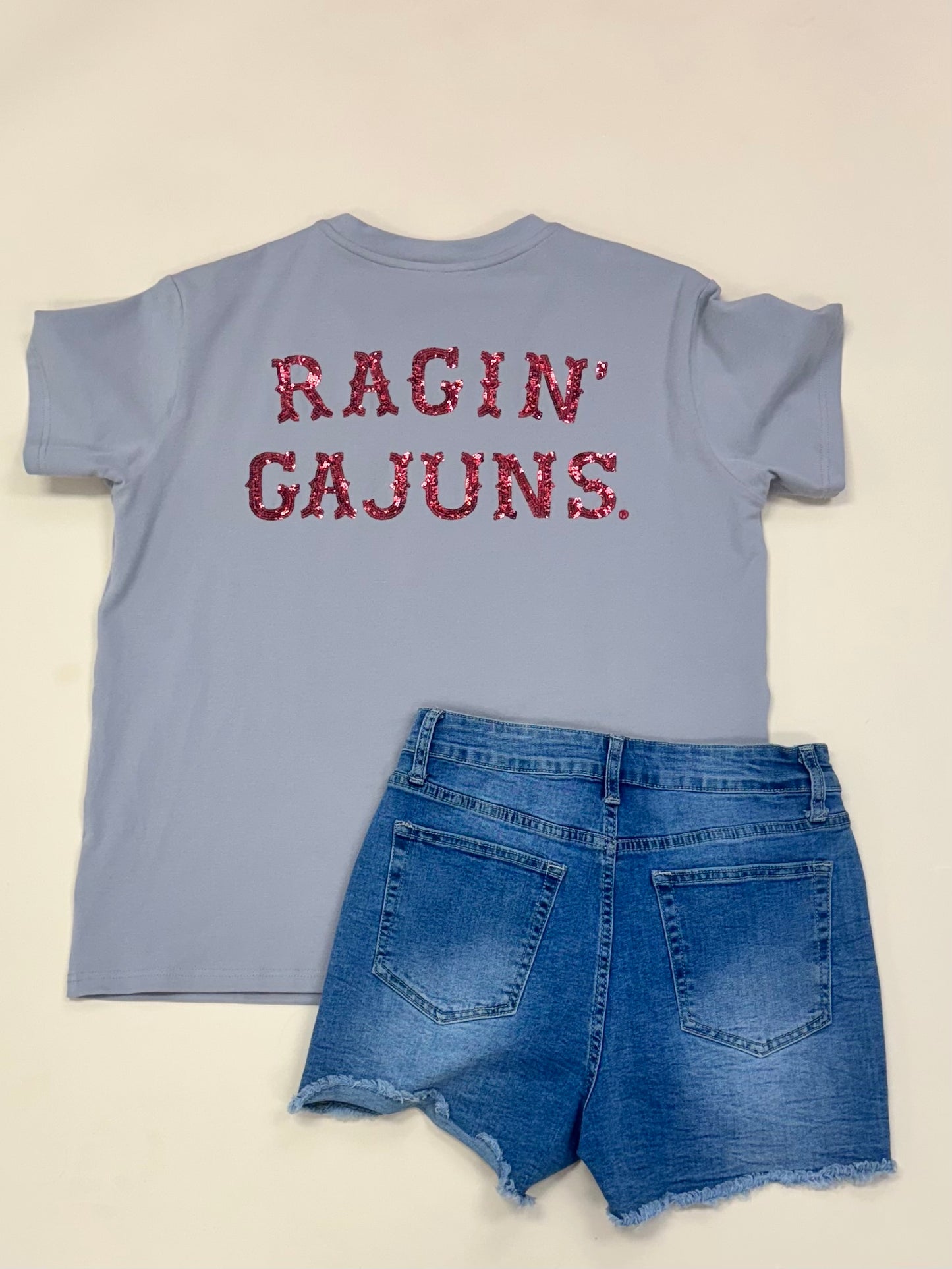 UL Vintage Ragin' Cajuns (Licensed) | Women's Sequin Design Tee (Grey)