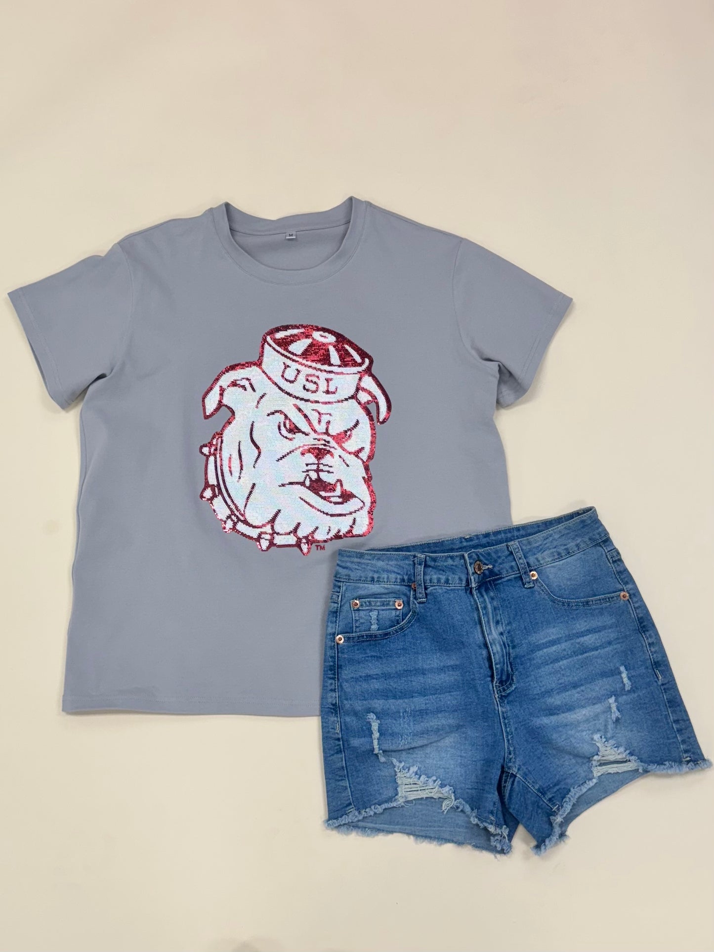 UL Vintage Ragin' Cajuns (Licensed) | Women's Sequin Design Tee (Grey)